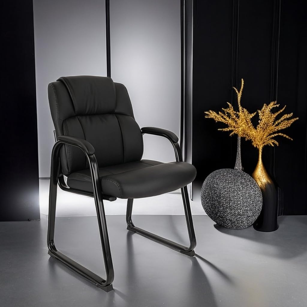 CLATINA Office Guest Chair - Leather Reception Chair with Padded Armrests, Sled Base, No Wheels - Set of 4 Black - Perfect for Conference Rooms, Waiting Areas & Home Offices