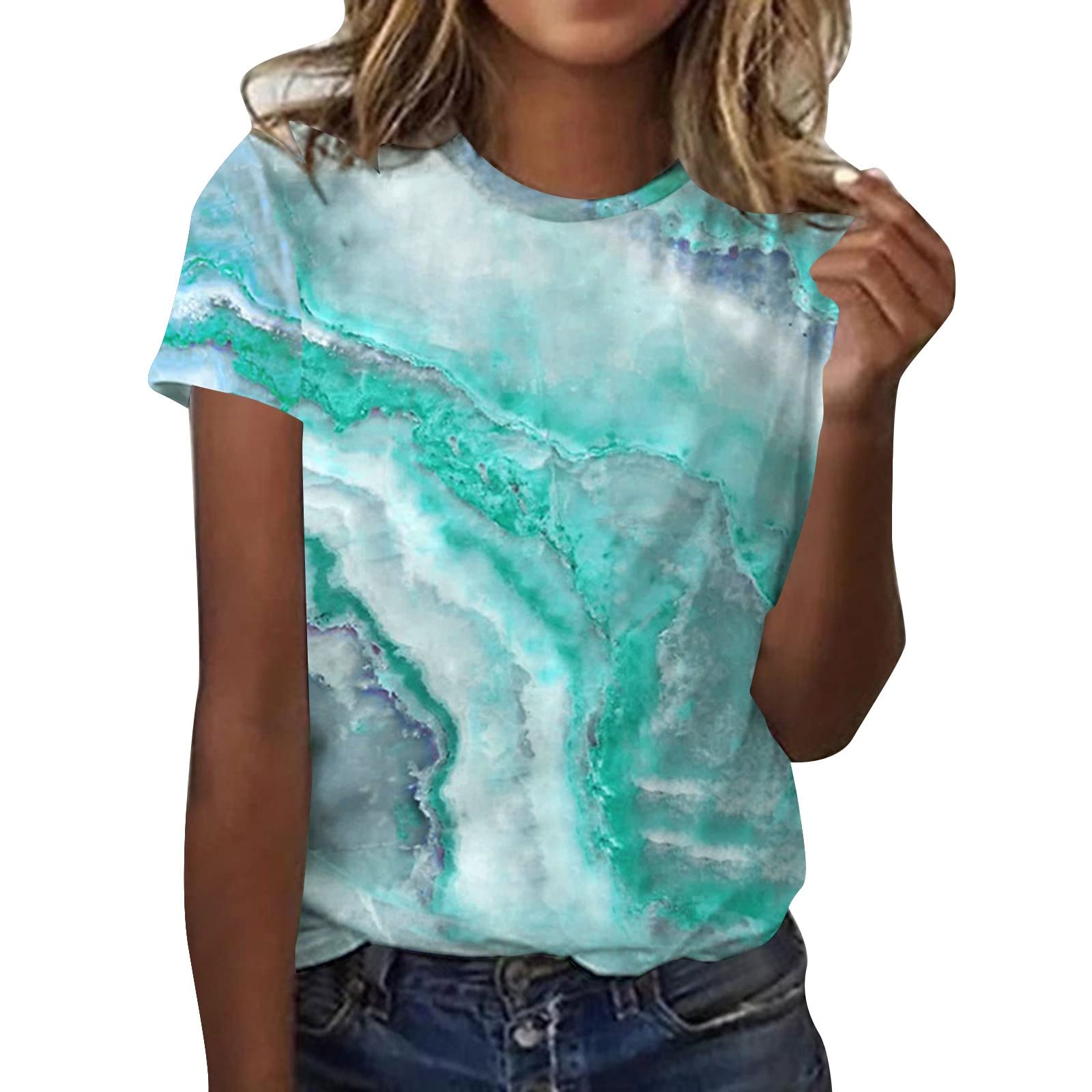 Blekii Women's Summer Casual T-Shirt - Marble Print Short Sleeve Round Neck Fashion Tee Top for Beach, Vacation & Everyday Wear