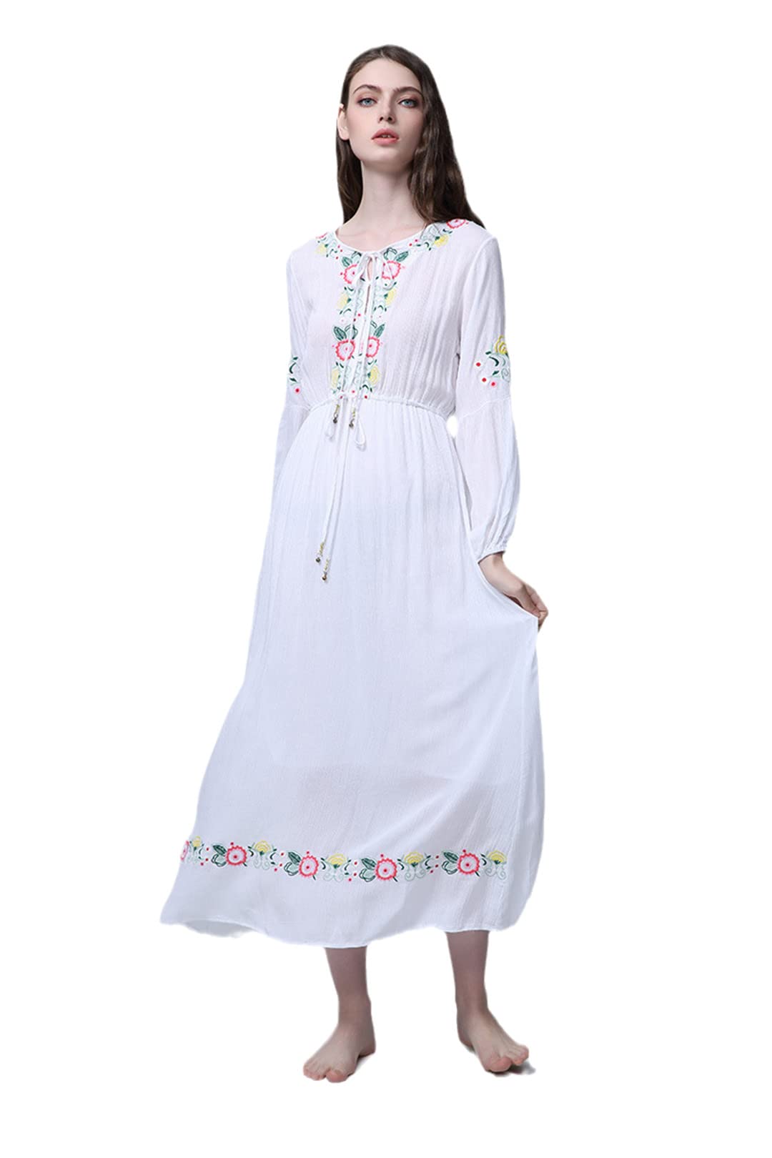 Women's White Cotton Embroidered Long Dress - Boho Beach Maxi Dress with Long Sleeves, O-Neck & Drawstring Waist | Perfect for Spring/Summer Vacations, Beach Weddings & Boho Fashion