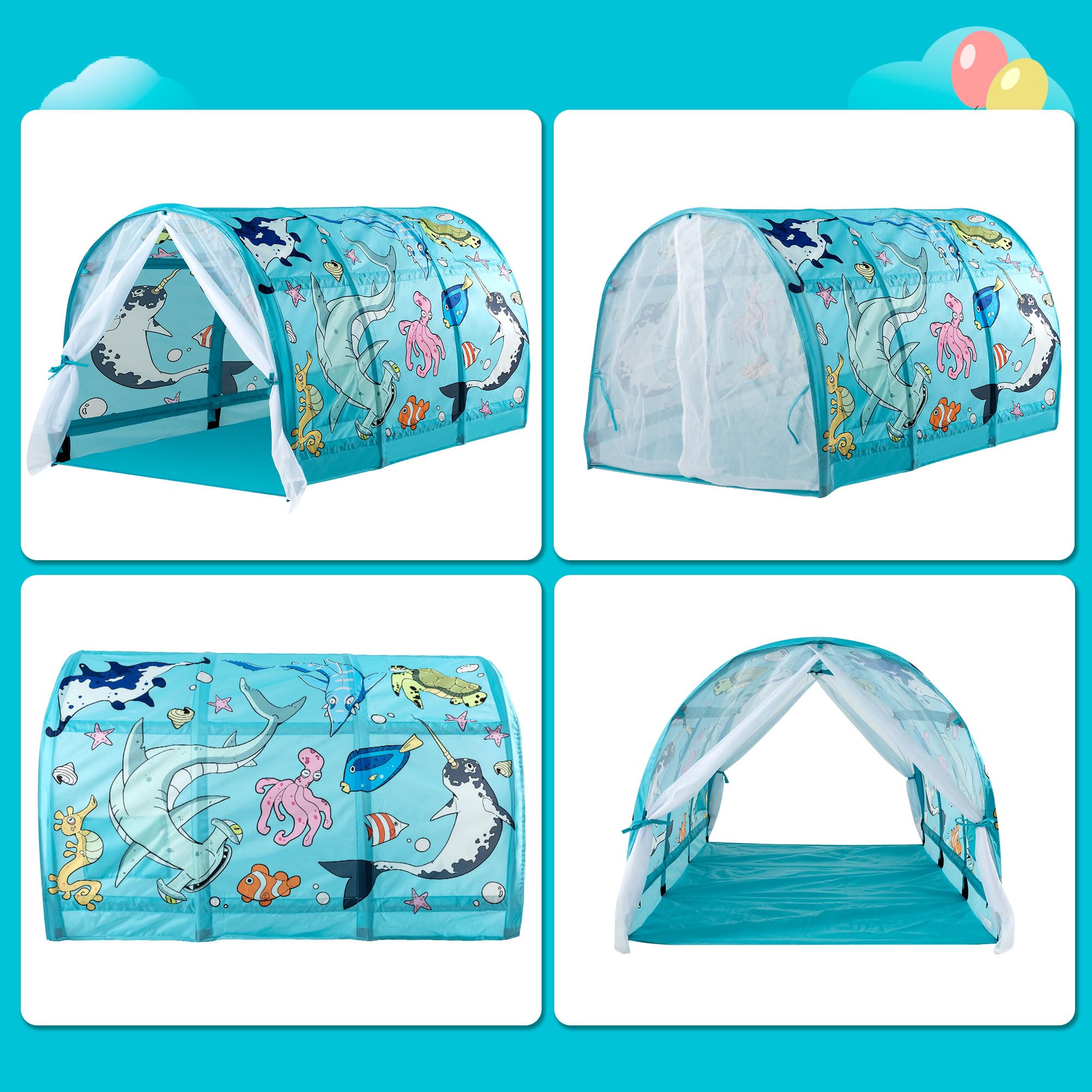 Kids Bed Tent with LED Strip Lights - Foldable Playhouse for Toddlers, Boys & Girls - Light Blue Ocean Design for Sleepovers, Indoor Camping & Playtime Fun