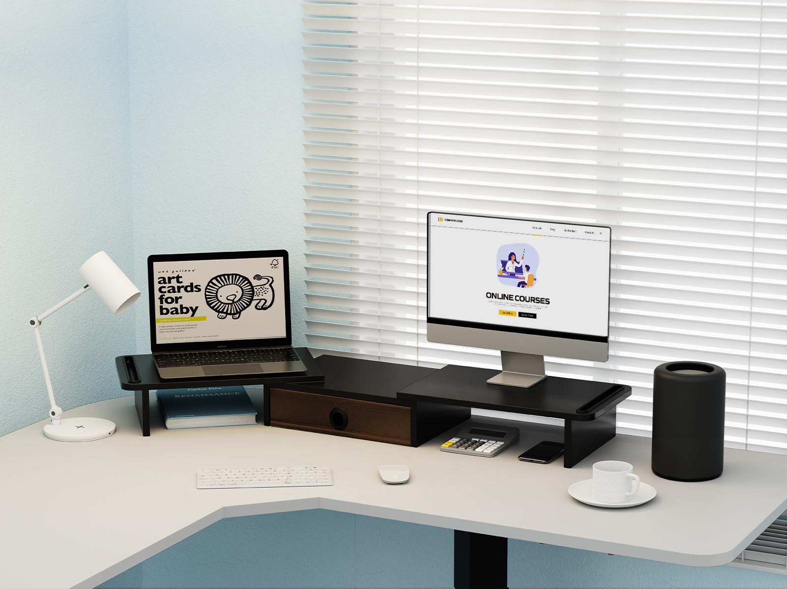 Adjustable Dual Monitor Stand Riser with Storage Drawer - Ergonomic Desk Organizer for 2 Screens, Laptops & Printers - Perfect for Home Office, Gaming Setup & Workspace Organization (Black)