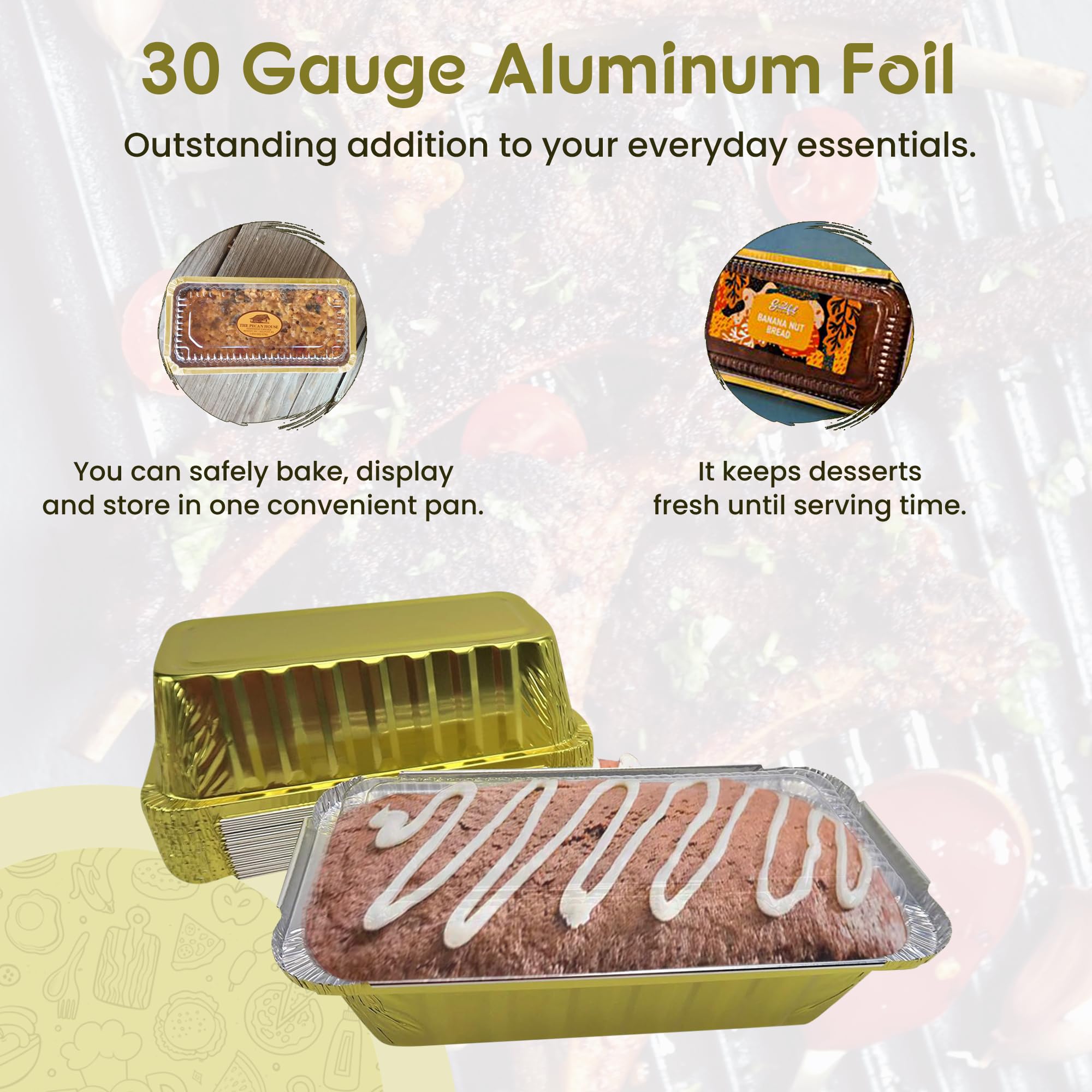KitchenDance Disposable Gold Aluminum Loaf Pans with Plastic Lids - 50 Pack 1.5lb Rectangular Baking Pans for Bread, Meatloaf, Cakes & Meal Prep - Perfect for Home Baking, Holiday Cooking & Food Storage