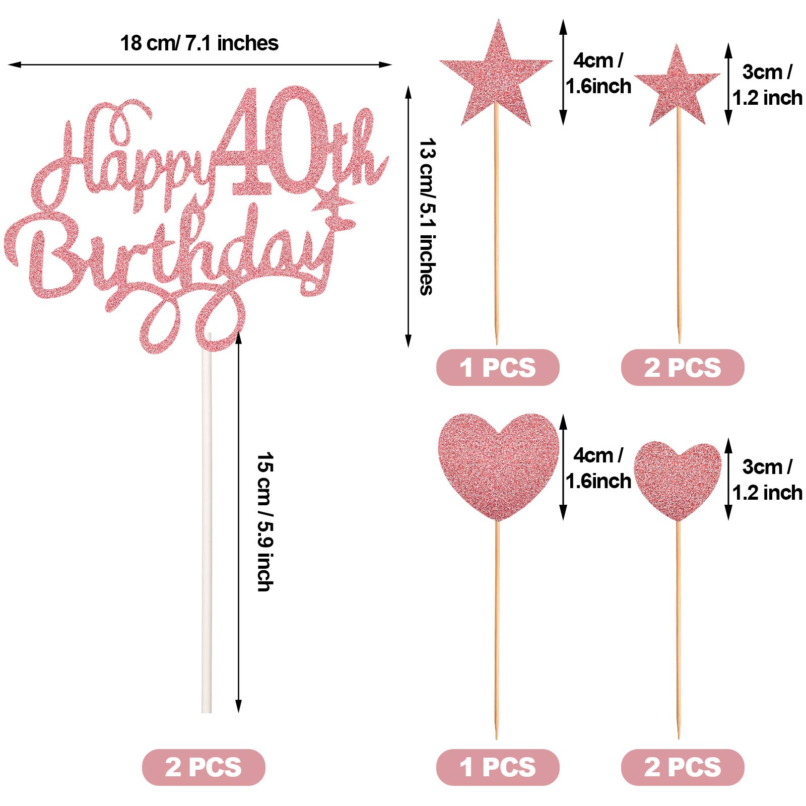 40th Birthday Cake Topper Set - Happy 40th Birthday Decorations with Heart & Star Cupcake Picks, Rose Gold Glitter Party Supplies | Perfect for Birthday Cakes, Cupcakes & Anniversary Celebrations