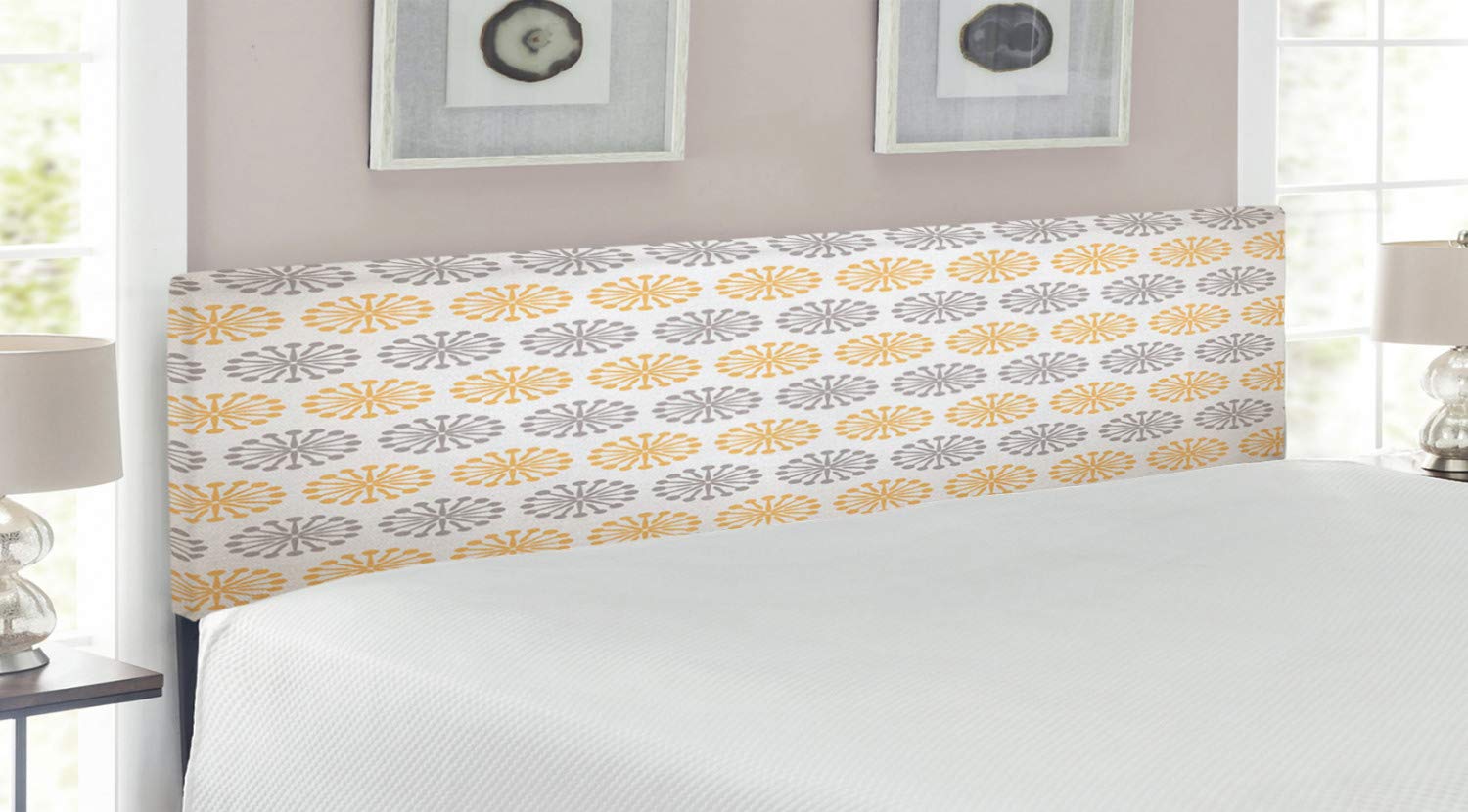 Ambesonne Bohemian Oriental Inspired Grey & Yellow Floral Geometric King Size Headboard - Upholstered Decorative Metal Bed Headboard with Memory Foam in Apricot Grey & White | Perfect for Master Bedroom & Guest Room Decor