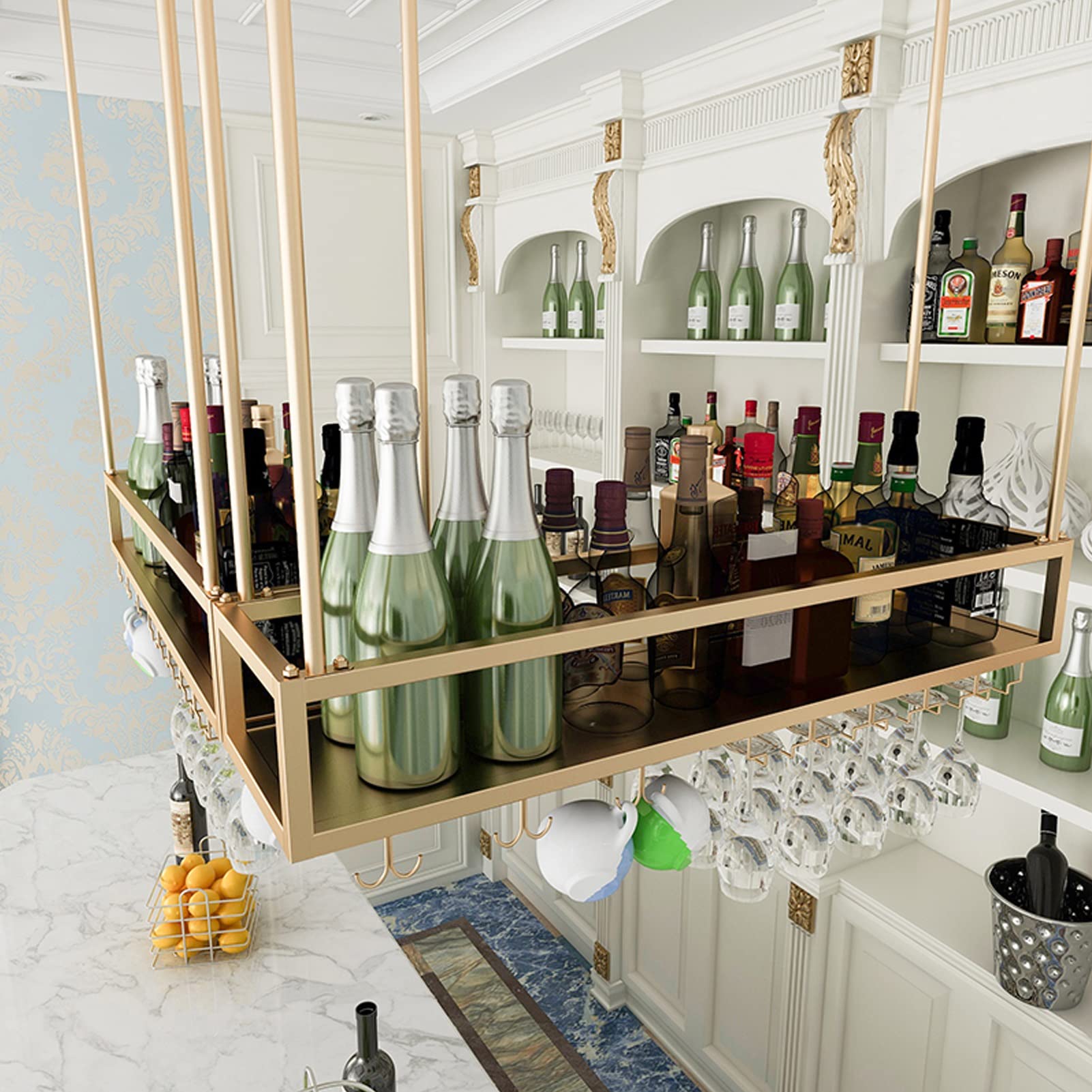 Hanging Wine Bottle Holder - Metal Wall Mounted Wine Rack for Stemware & Champagne Glasses Storage - Space Saving Kitchen, Bar, Restaurant Decor (80x80cm) - Perfect for Home Entertaining & Commercial Use