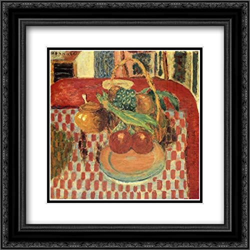 Pierre Bonnard Fruit Basket & Plate on Red Checkered Tablecloth Art Print - 20x20 Inch Black Ornate Framed Museum Quality Double Matted Wall Decor for Dining Room, Kitchen, or French Country Home
