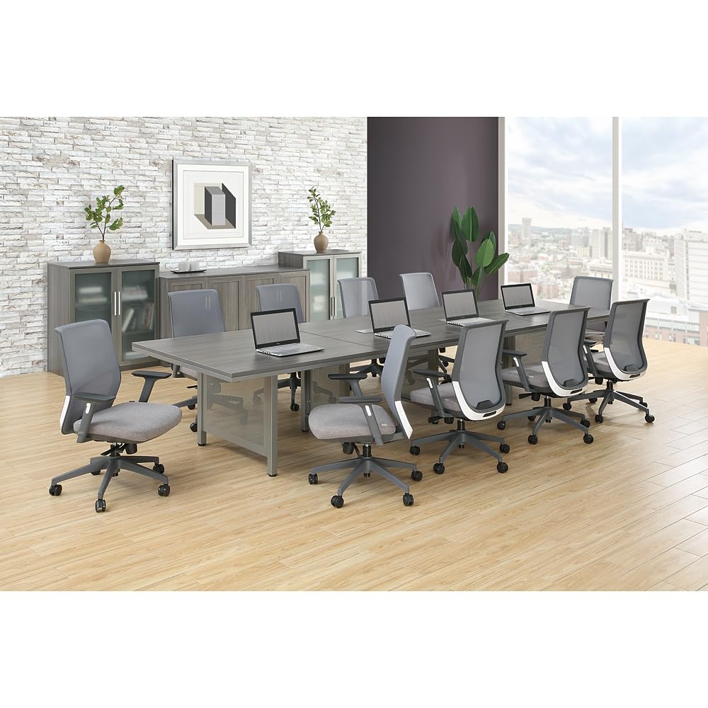 14' Expandable Conference Table with Built-in Power Module - Gray Laminate Office Meeting Table with Steel Legs - Durable Training & Conference Room Tables (47.24