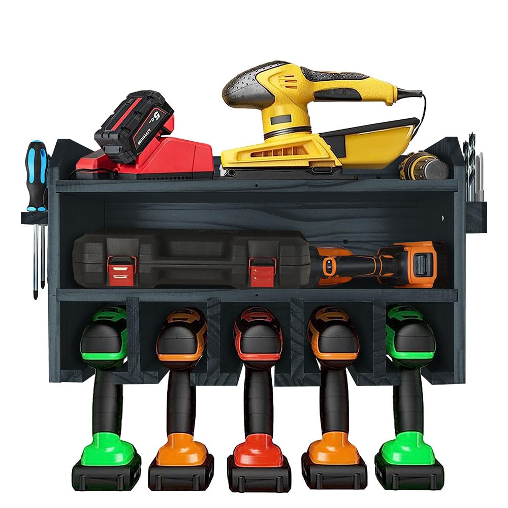 Pro-Lift Cordless Drill Organizer Wall Mount - 5 Slot Wooden Power Tool Storage Rack for Garage & Workshop (Model M-003W1) - Perfect for Organizing Drills, Screwdrivers & Hand Tools