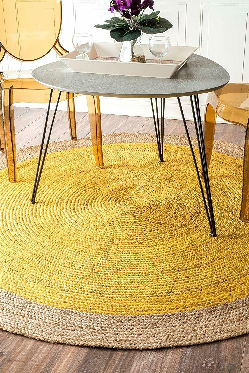 Handmade Natural Jute Round Farmhouse Rug - 9x9 Feet Braided Area Carpet for Living Room, Bedroom, Kitchen | Indoor & Outdoor Use | Boho Home Decor, Cozy Floor Mat for Patio & Dining Areas (Yellow)