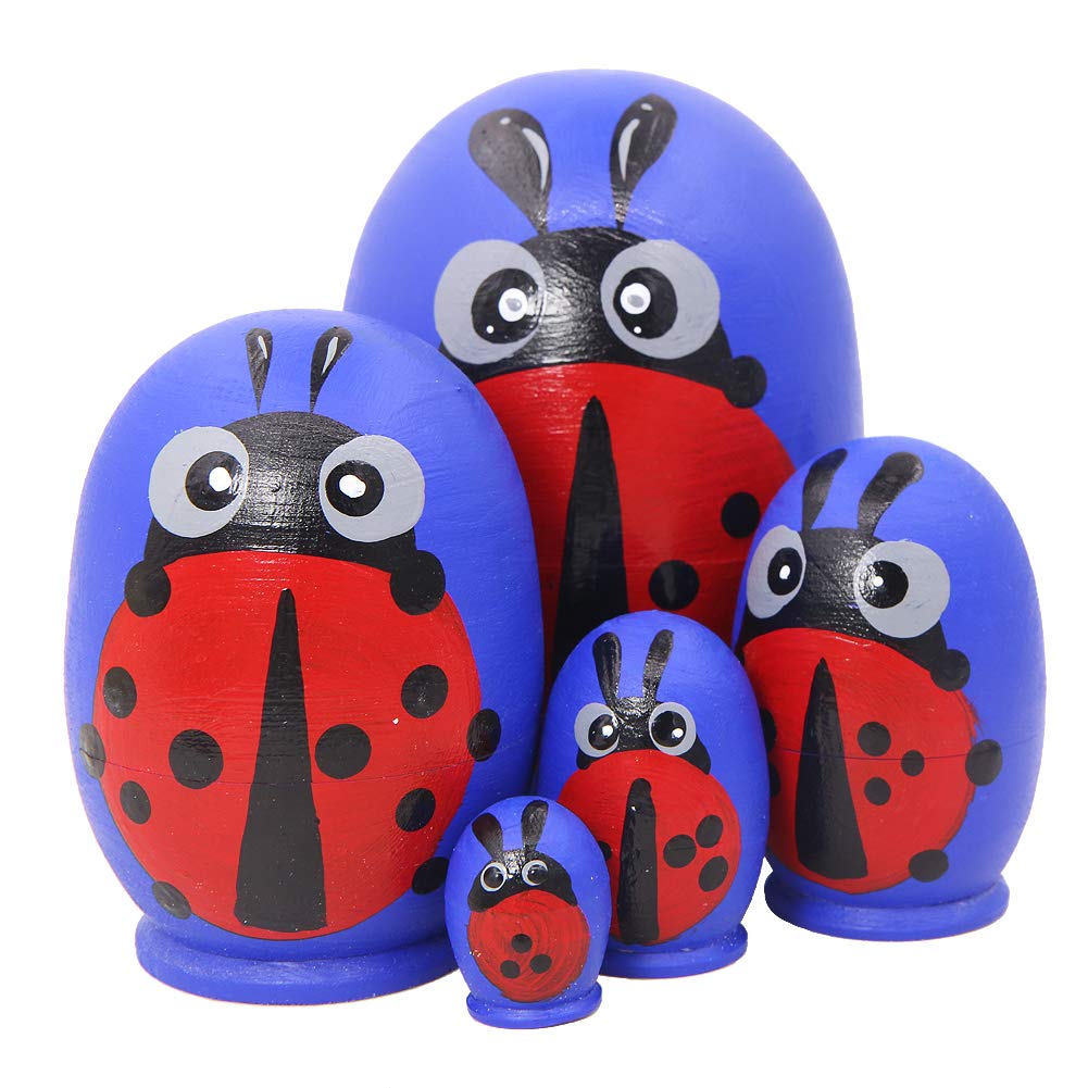 Handmade Wooden Russian Matryoshka Nesting Dolls Set - 5 Piece Cute Egg-Shaped Ladybug Design, Perfect Kids Toys for Birthday, Christmas & Easter Gifts | Home Decor & Nursery Room Decoration