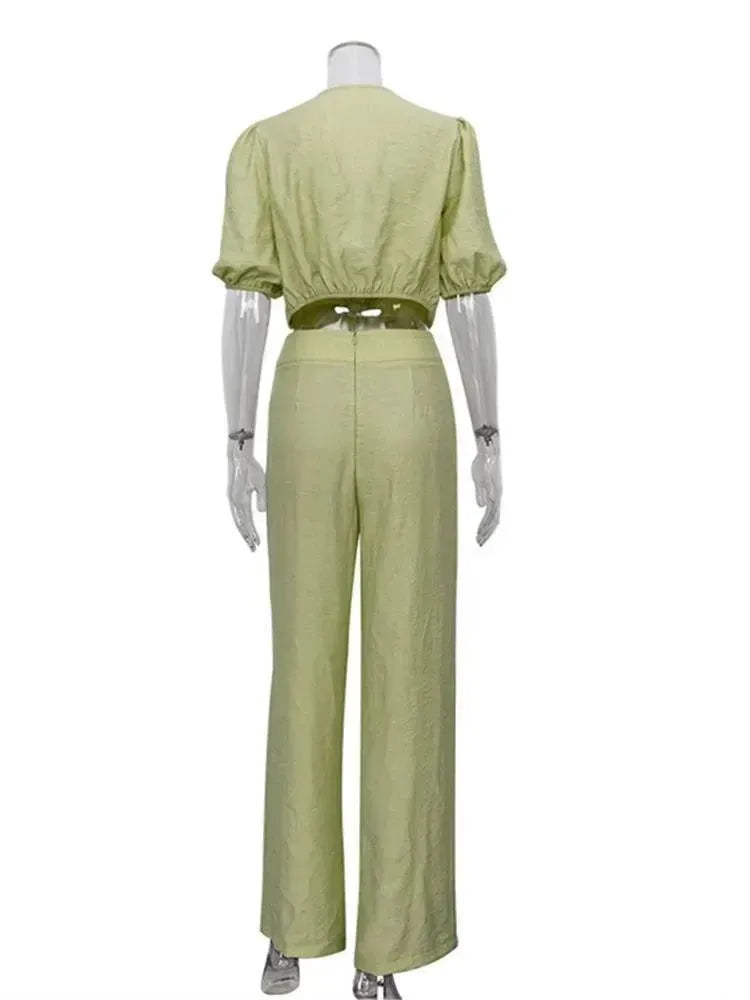 Comfortable Green Linen Two Piece Set for Women - Summer Casual Outfit for Beach, Travel and Daily Wear