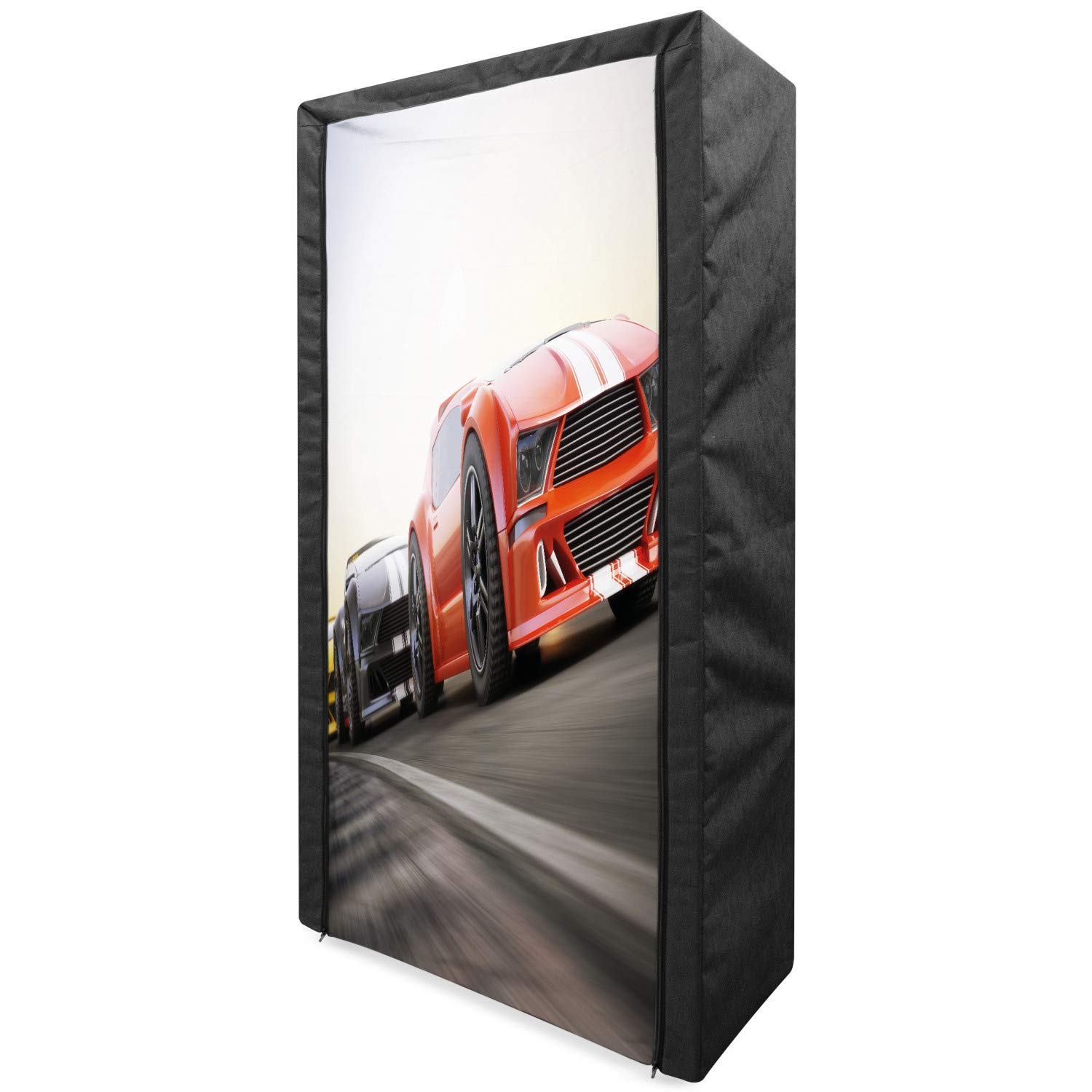 Ambesonne Cars Portable Fabric Wardrobe - Sports Car Design Clothing Organizer with Shelves, 33.5 Inch Red Grey Storage Closet for Bedroom, Closet & Dorm Organization | Perfect for Teens, Car Enthusiasts & Small Space Living