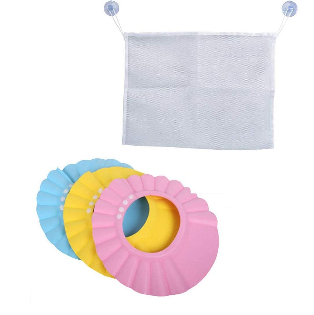 3-Piece Soft Adjustable Baby Bath Cap Set (Pink, Blue, Yellow) - Safe Toddler Shampoo & Shower Hat with Storage Bag (18