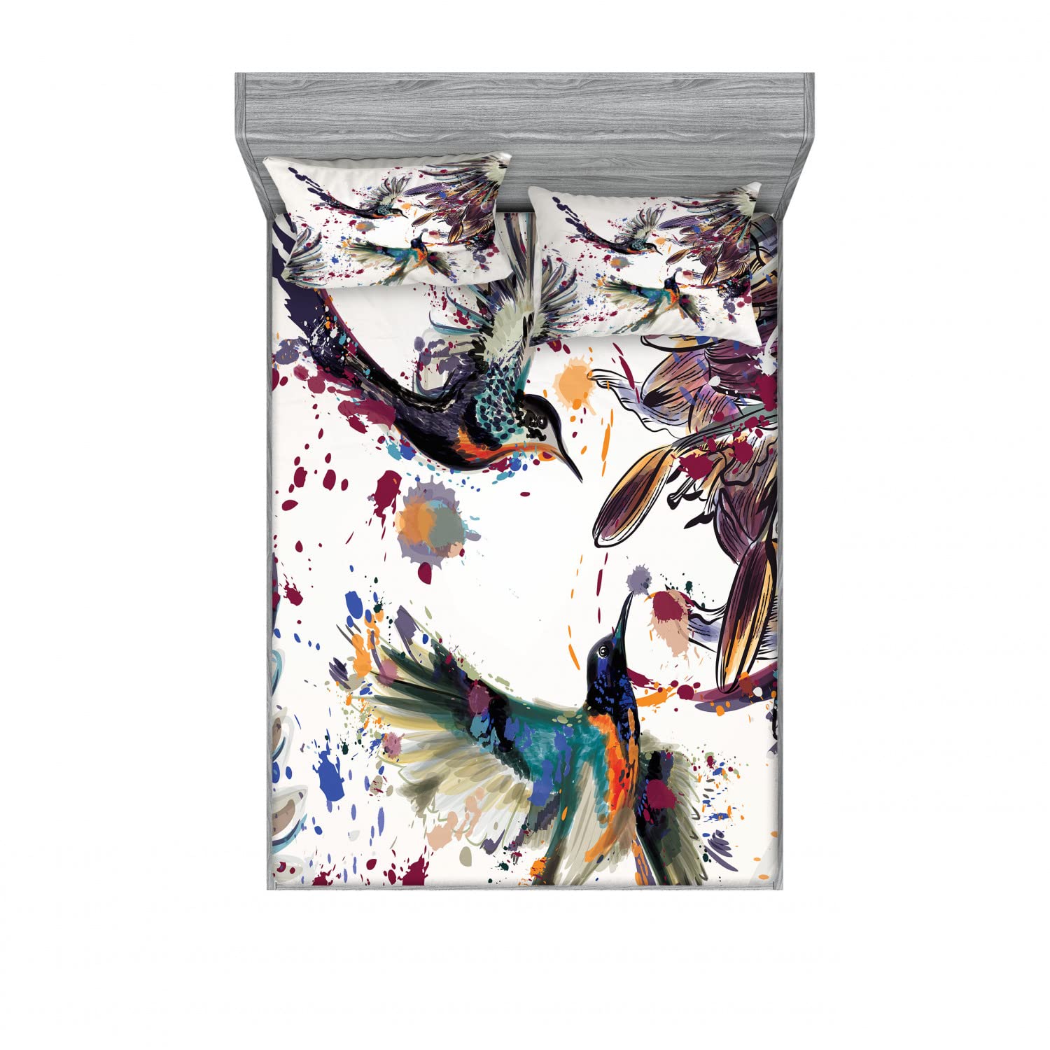 Ambesonne 2-Piece Queen Size Fitted Sheet Set with 4 Pillow Shams - Watercolor Lily & Birds Floral Design in Orange & Blue - Soft Bedding for Guest Rooms, Master Bedroom & Vacation Homes
