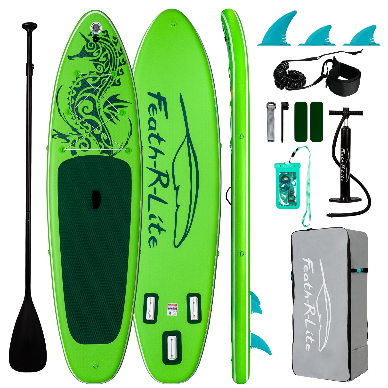 **FEATH-R-LITE Inflatable Stand Up Paddle Board (SUP) for Adults - Lightweight & Durable with Premium Accessories: Pump, Adjustable Paddle, Leash, 3 Fins & Backpack - Perfect for Yoga, Surfing & Lake Adventures**