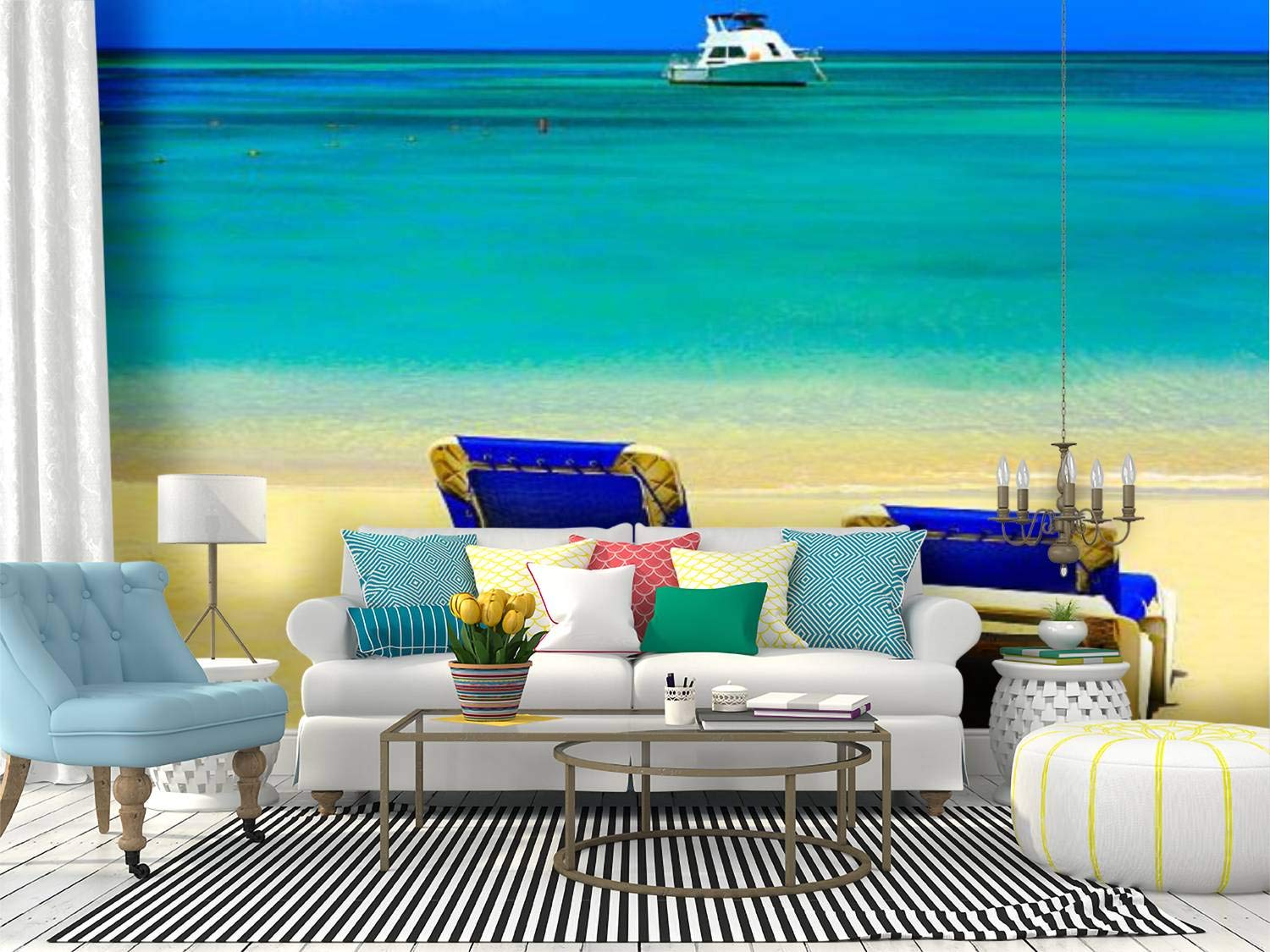 Peel and Stick Wallpaper - Self Adhesive Beach Chair & Boat Wall Mural with Caribbean Sea View | Removable Vinyl Film for Home Decor | Perfect for Living Room, Bedroom, or Office Accent Wall