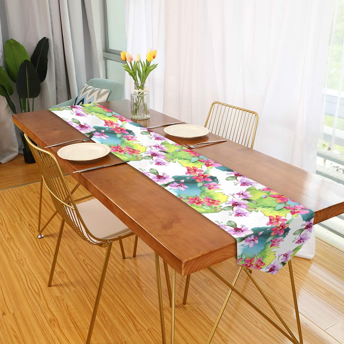 Hand Painted Orchid Table Runner - 70 Inch Long Farmhouse Dining & Coffee Table Decor for Wedding, Kitchen, Home | Elegant Table Setting for Parties & Special Occasions