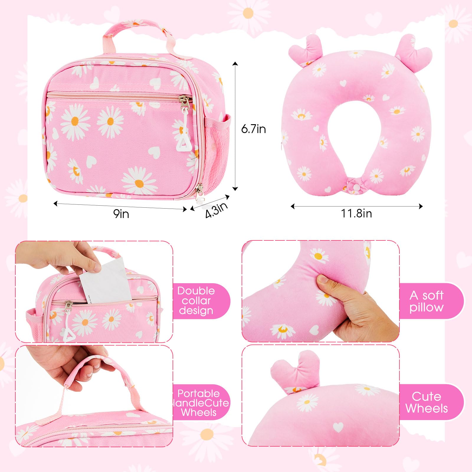 Redbaker 6-Piece Kids Luggage Set - 17 Inch Rolling Suitcase for Girls & Boys with Double Pattern Design (Pink Daisy Style) - Perfect for Travel, Birthday Gifts & School Trips
