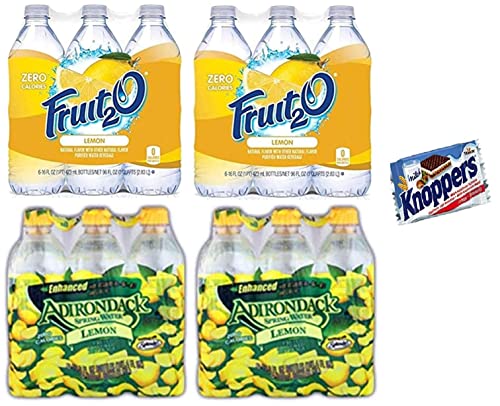 Zero Calorie Lemon Flavored Water Combo Pack - Fruit2O (12 Bottles) & Adirondack Enhanced Water (12 Bottles) + Knoppers Snack Bars (0.8oz) - Perfect for Hydration, Workouts & Healthy On-the-Go Lifestyle