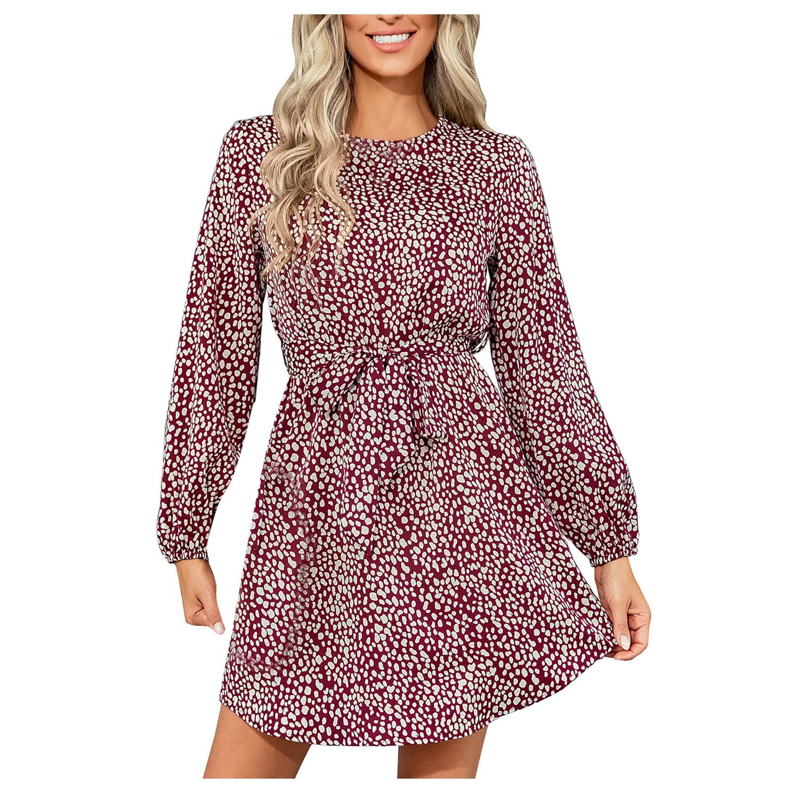 Women's Plus Size Leopard Print Tie Waist Long Sleeve Dress - Flattering Round Neck Sundress for Beach, Vacation & Casual Wear