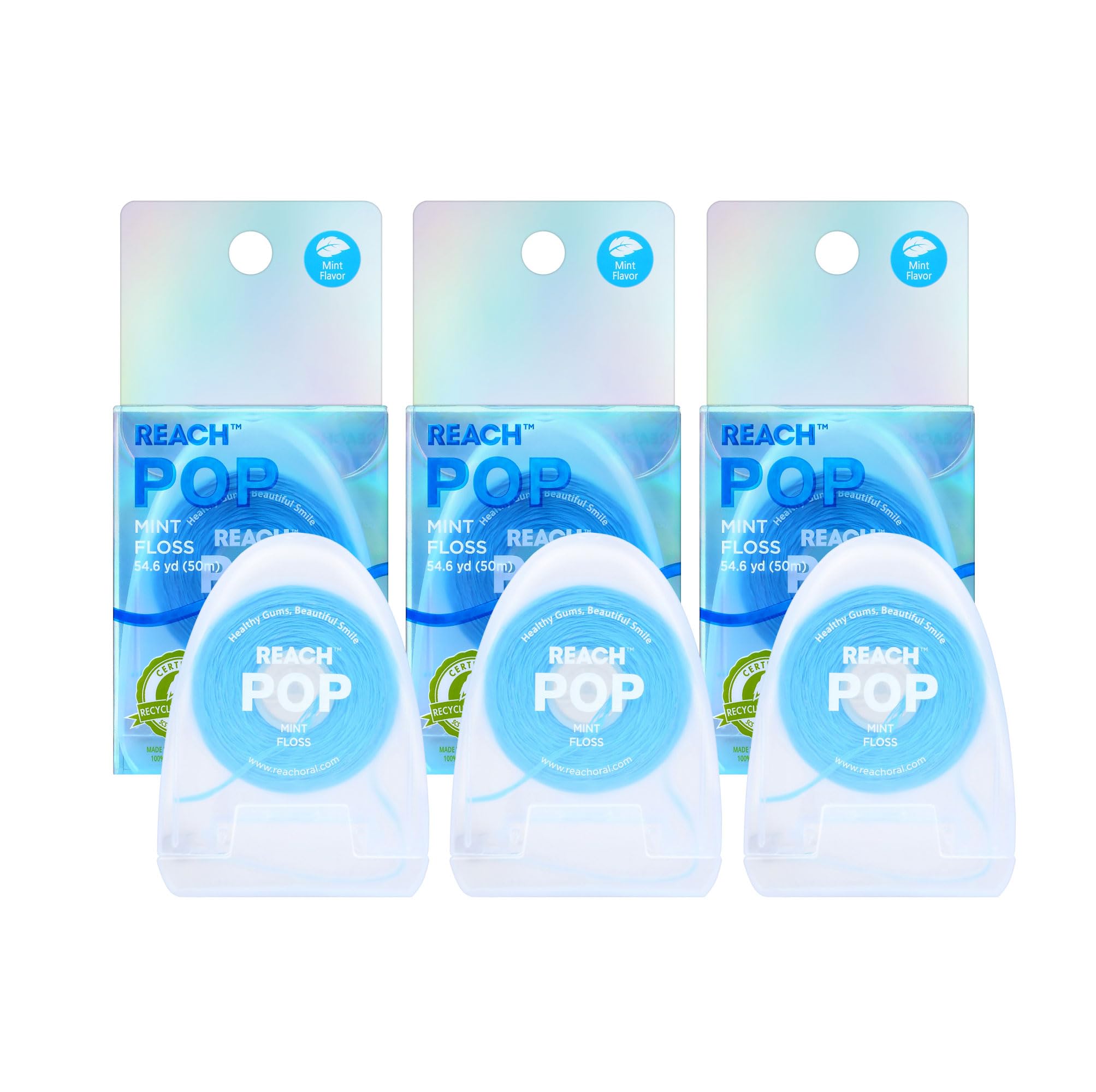 REACH POP Mint Dental Floss for Adults & Kids - Vegan Wax, Shred Resistant, PFAS Free, Cruelty Free - Plaque Remover for Teeth with Eco Friendly Packaging (3 Pack, 54.6 yd) - Perfect for Travel, Home & Office Oral Care Routine