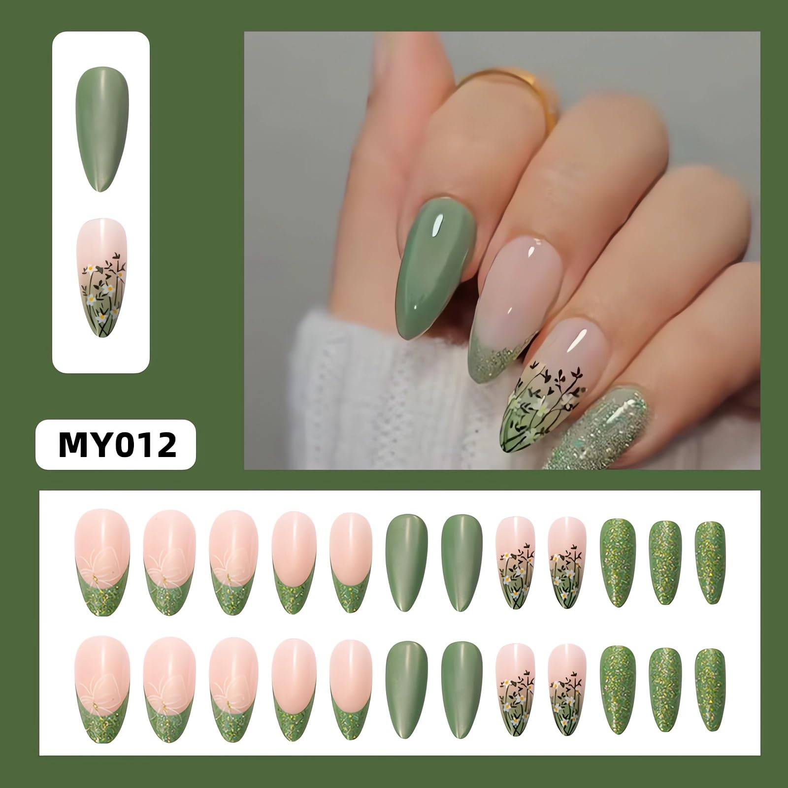 Green Press On Nails - Medium Almond Shape False Nails with Butterfly & Flower Designs, French Tip Glossy Pink White Ombre, Reusable Fake Nails for Women & Girls | Perfect for Parties, Weddings, Date Nights & Special Occasions