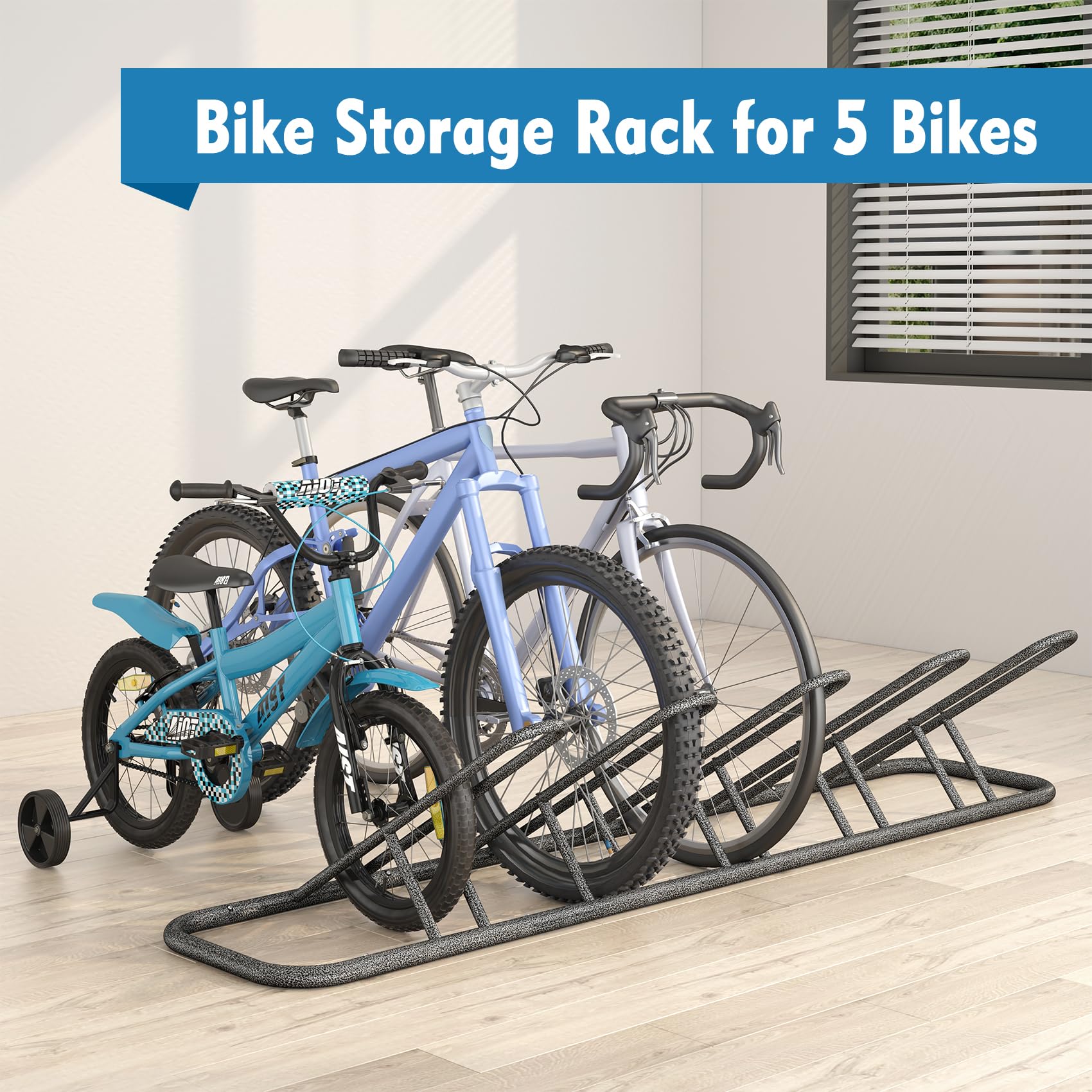 Heavy Duty Bike Rack for Garage - Indoor Floor & Outdoor Bike Storage Stand Holds 5 Bikes - Hammer-Tone Silver Finish - Perfect for Home, Apartment & Backyard Bike Organization