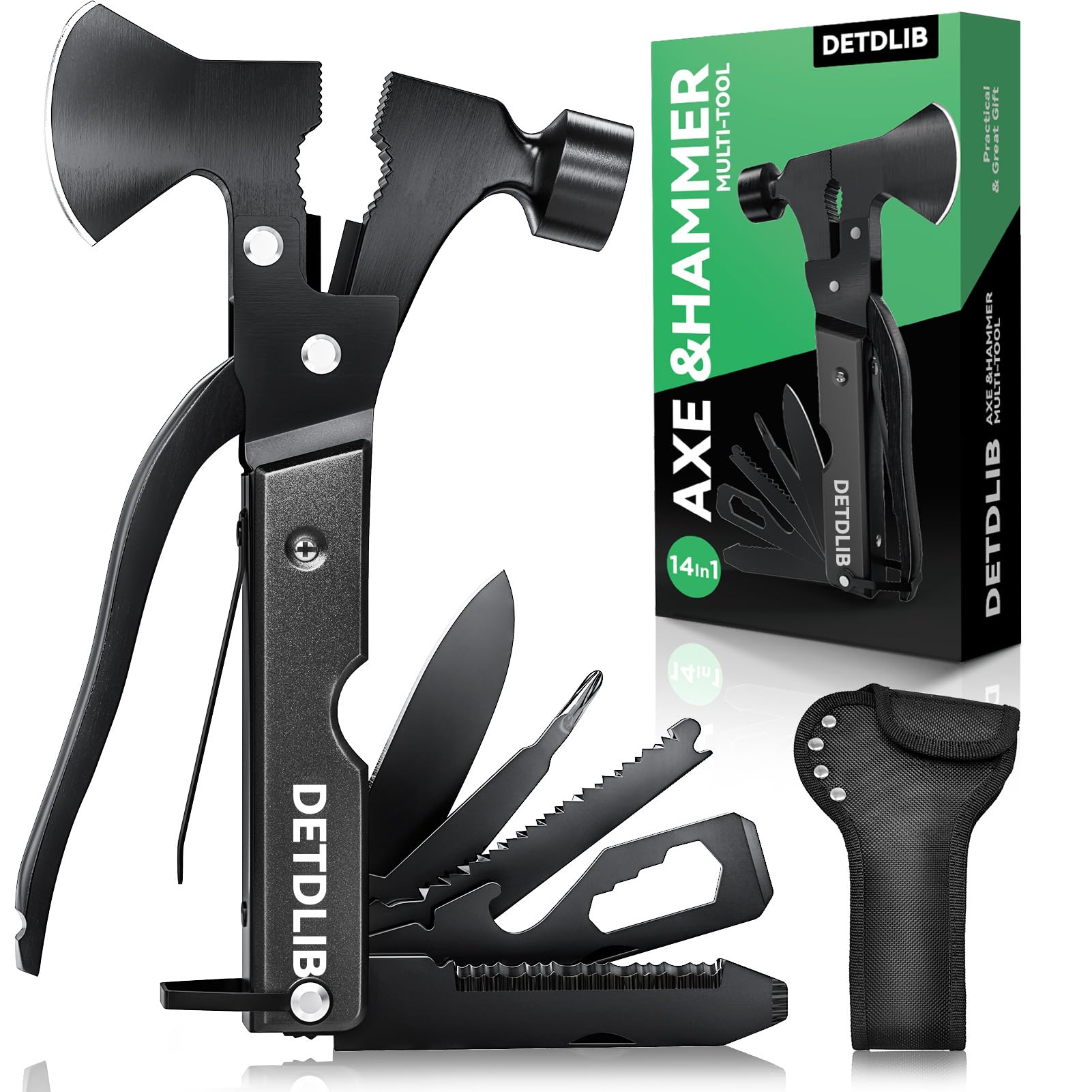 15-in-1 Multitool Axe Hatchet - Perfect Camping & Hiking Essential Tool for Men, Dad, Husband - Durable Black Outdoor Survival Gear - Great Birthday Gift for Him - Ideal for Backpacking, Wood Cutting & Emergency Situations