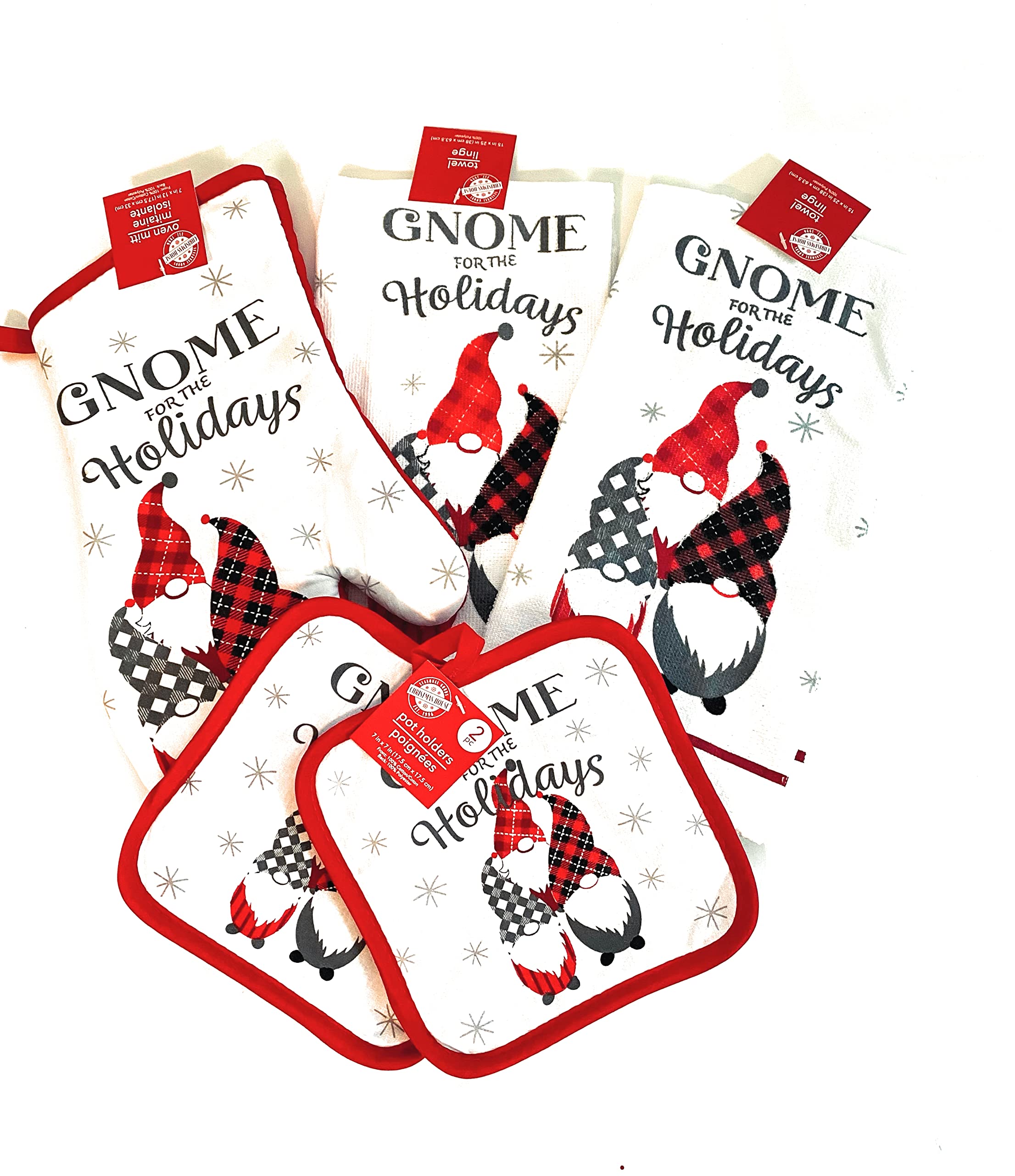 5-Piece Christmas Kitchen Set with Gnome Design - 2 Kitchen Towels, 2 Pot Holders & 1 Oven Mitt - Holiday Home Decor for Baking & Festive Cooking