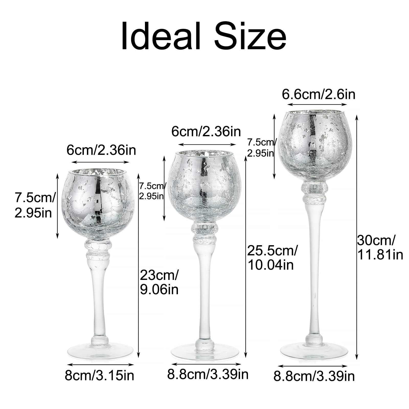 Long Stem Glass Candle Holders Set of 3 - Tall Silver Crackle Mercury Glass Tea Light Holders for Wedding Centerpieces, Party Decor, Home Tabletop Decorations - Perfect for Romantic Dinners, Holiday Tablescapes & Special Occasions