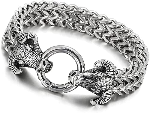 QIROLI Stainless Steel Bull Head Finger Ring & Cuff Bracelet Set for Men - Retro Nordic Celtic Charm Amulet Jewelry - Heavy Duty Mesh Chain Bangle - Perfect for Viking Cosplay, Medieval Reenactments & Gothic Fashion