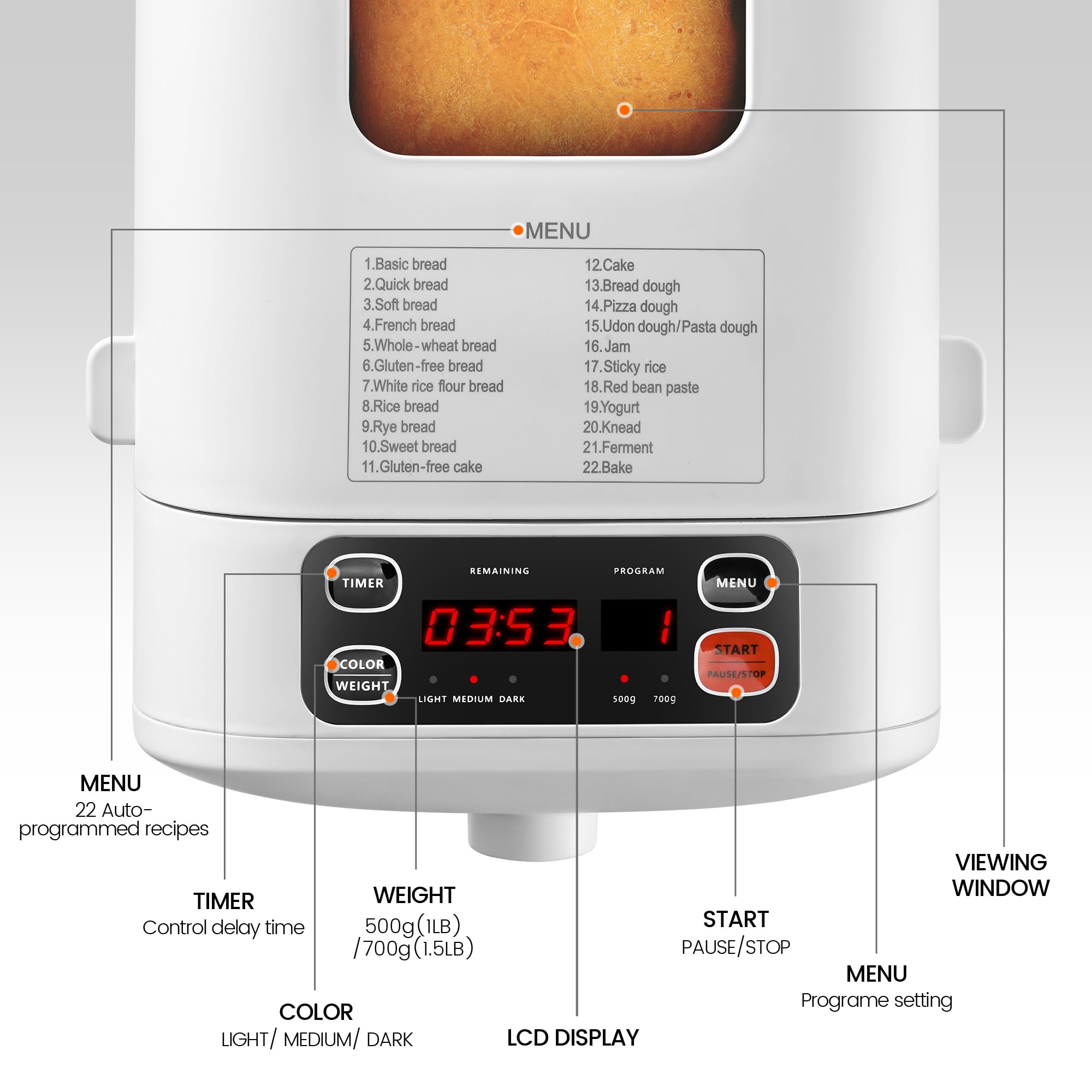 22-in-1 Automatic Bread Maker Machine - 1LB/1.5LB Programmable Digital Bakery with Dough, Cake, Jam & Yogurt Functions | 3 Crust Colors, Non-Stick Pan | Perfect for Small Kitchens, Homemade Bread & Healthy Breakfasts