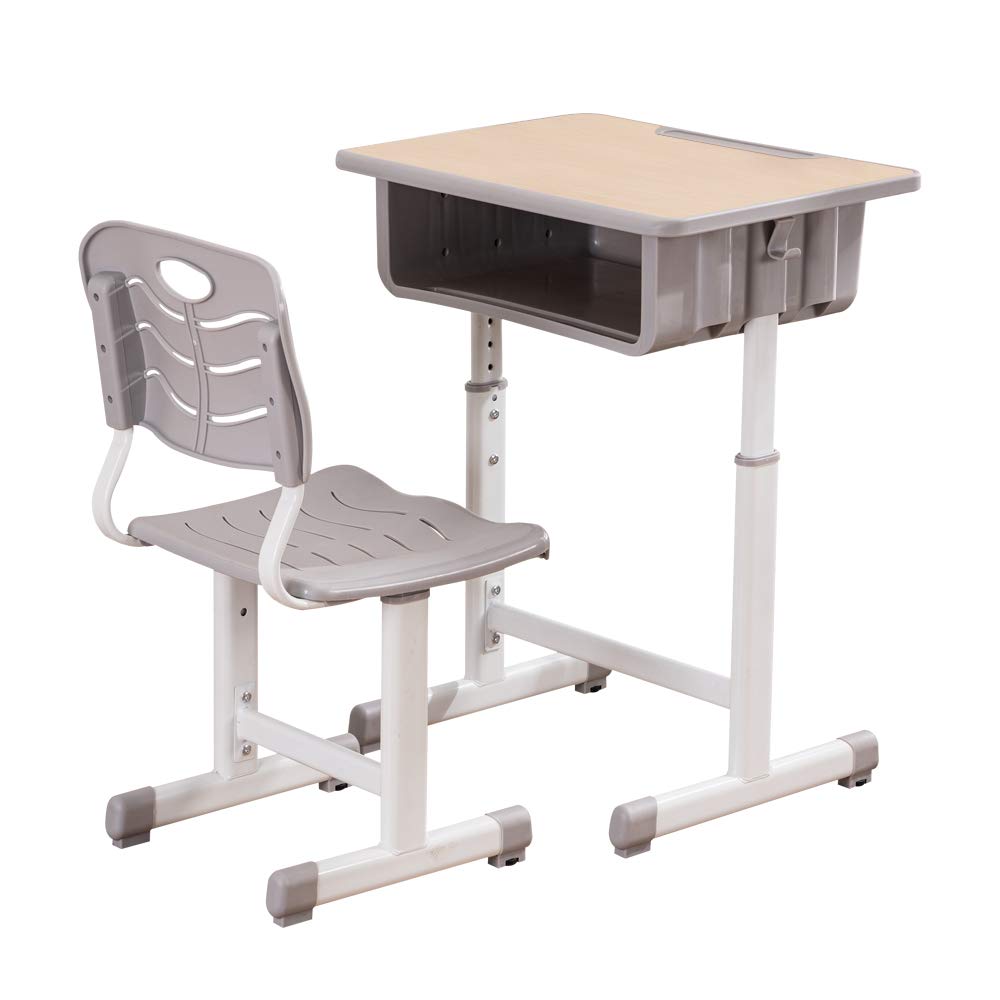 Adjustable Kids Desk and Chair Set with Storage Drawer - Ergonomic Study Table for Boys & Girls, Pencil Grooves & Hanging Hooks - Perfect for Homework, Drawing & Online Learning (Grey, 23.6