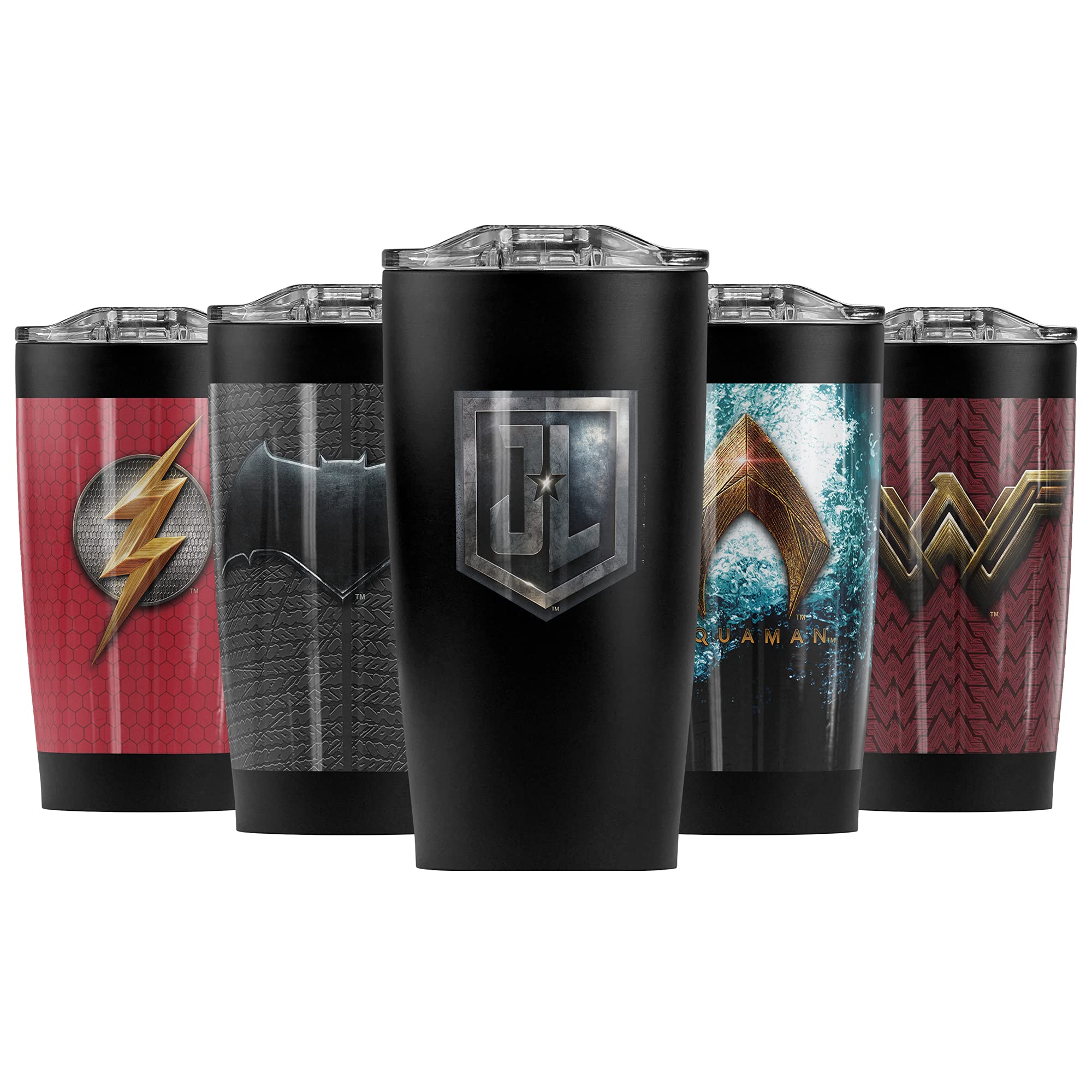 Justice League Movie JL Shield Logo Stainless Steel Tumbler 20oz - Vacuum Insulated Coffee Travel Mug with Leakproof Sliding Lid - Double Wall Insulation Keeps Hot & Cold for Hours - Perfect for Superhero Fans, Office, Gym, Camping & Road Trips