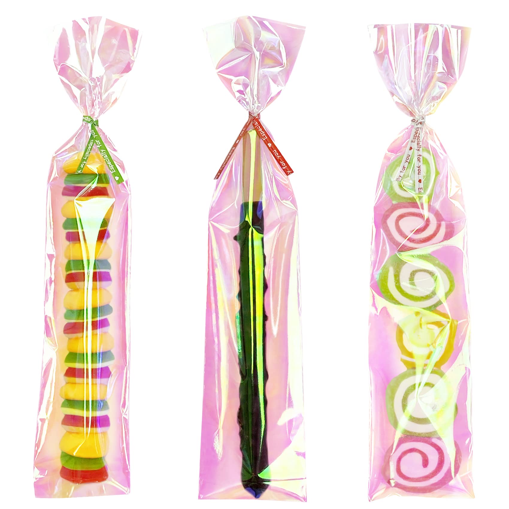 **Iridescent Holographic Cellophane Treat Bags - 2x10 Inches Pretzel Bags with Ties - 100Pcs - Perfect for Candy, Cookies, Snacks & Party Favors**