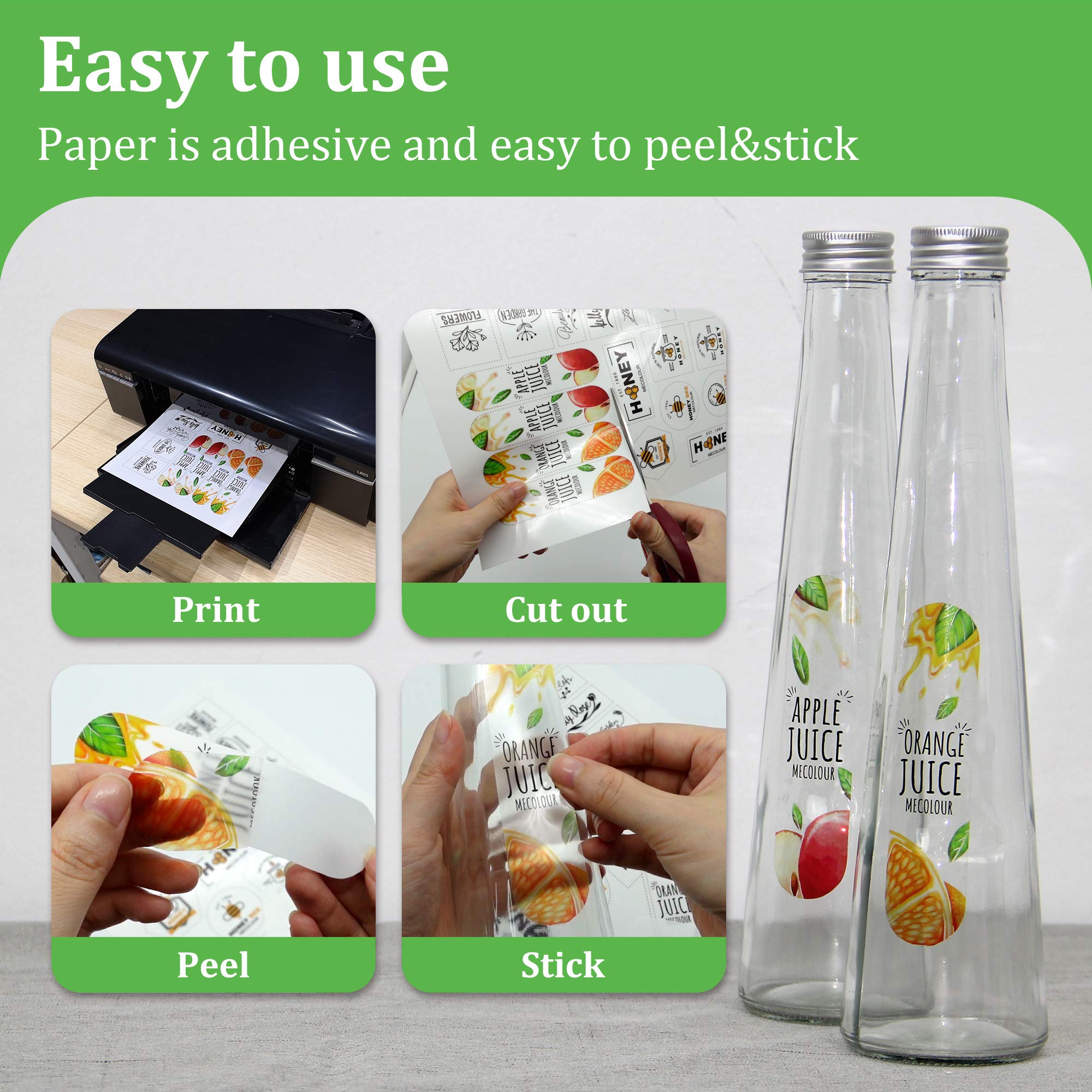 MECOLOUR Clear Sticker Paper for Inkjet Printer - 95% Transparent 8.5x11 Inch Waterproof Labels - 20 Sheets for DIY Crafts, Scrapbooking & Product Packaging