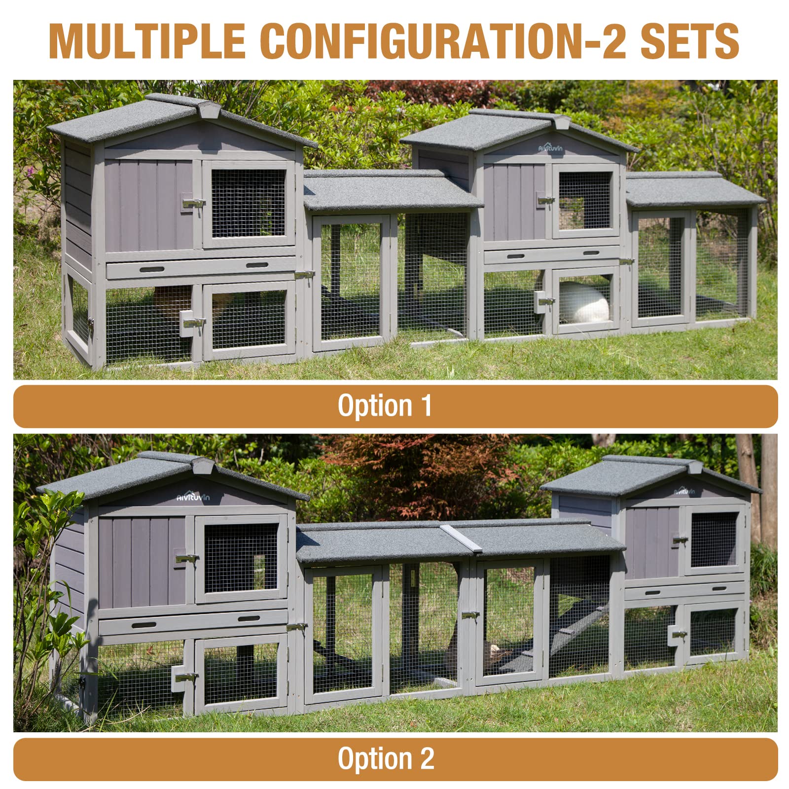 57 Inch Wooden Rabbit Hutch with Pull-Out Tray & Large Run - Indoor/Outdoor Bunny Cage, Guinea Pig House & Chicken Coop - Perfect for Backyard, Garden or Patio Use (Grey, 57