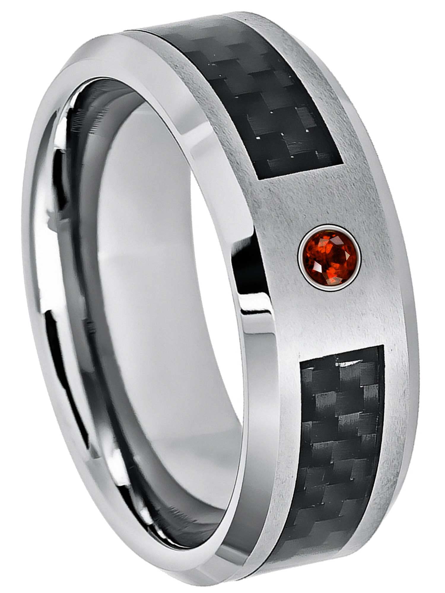 0.07ct Gemstone Diamond Tungsten Ring for Men - 8mm Black Carbon Fiber Inlay Tungsten Carbide Wedding Band, Anniversary Jewelry Gift for Him - Perfect for Engagements, Weddings & Special Occasions