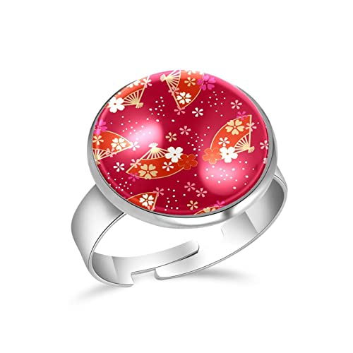 Japanese Cherry Blossom Stainless Steel Adjustable Rings for Women & Men - Elegant Red Fan Design with Crystal Glass - Perfect for Valentine's Gifts, Cosplay, Anime Lovers and Spring Fashion Accessories