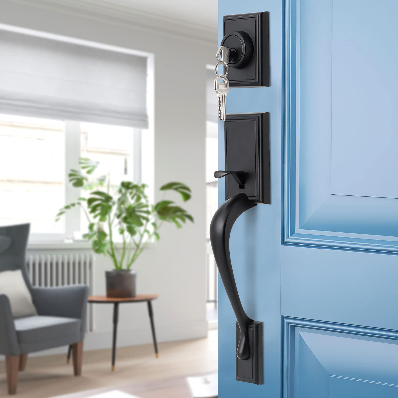 Premium Matte Black Front Door Lock Set - Double Door Handle with Deadbolt & Dummy Lockset (B-S118-M-USAM021) for Home Security & Entry Doors - Ideal for Residential & Commercial Properties