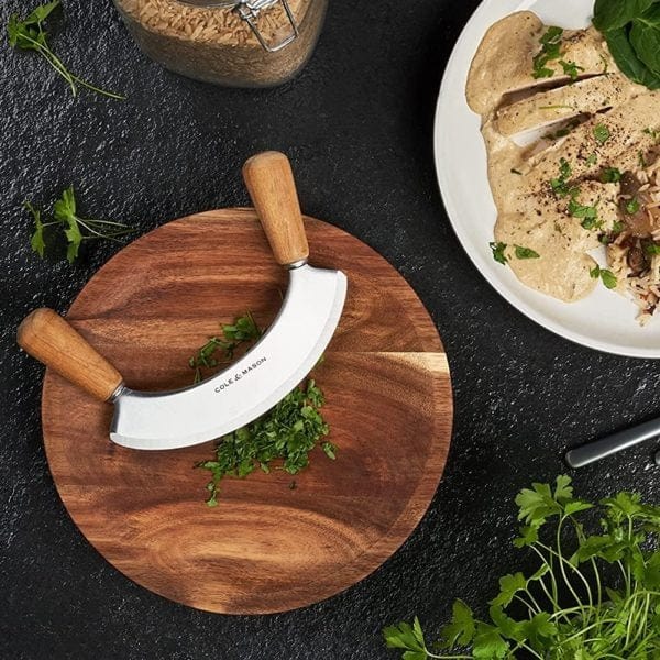 Premium Ashden Acacia Wood Mezzaluna Knife with Cutting Board - Perfect for Chopping Herbs, Vegetables & Pizza - Ideal for Kitchen, Camping & Outdoor Cooking