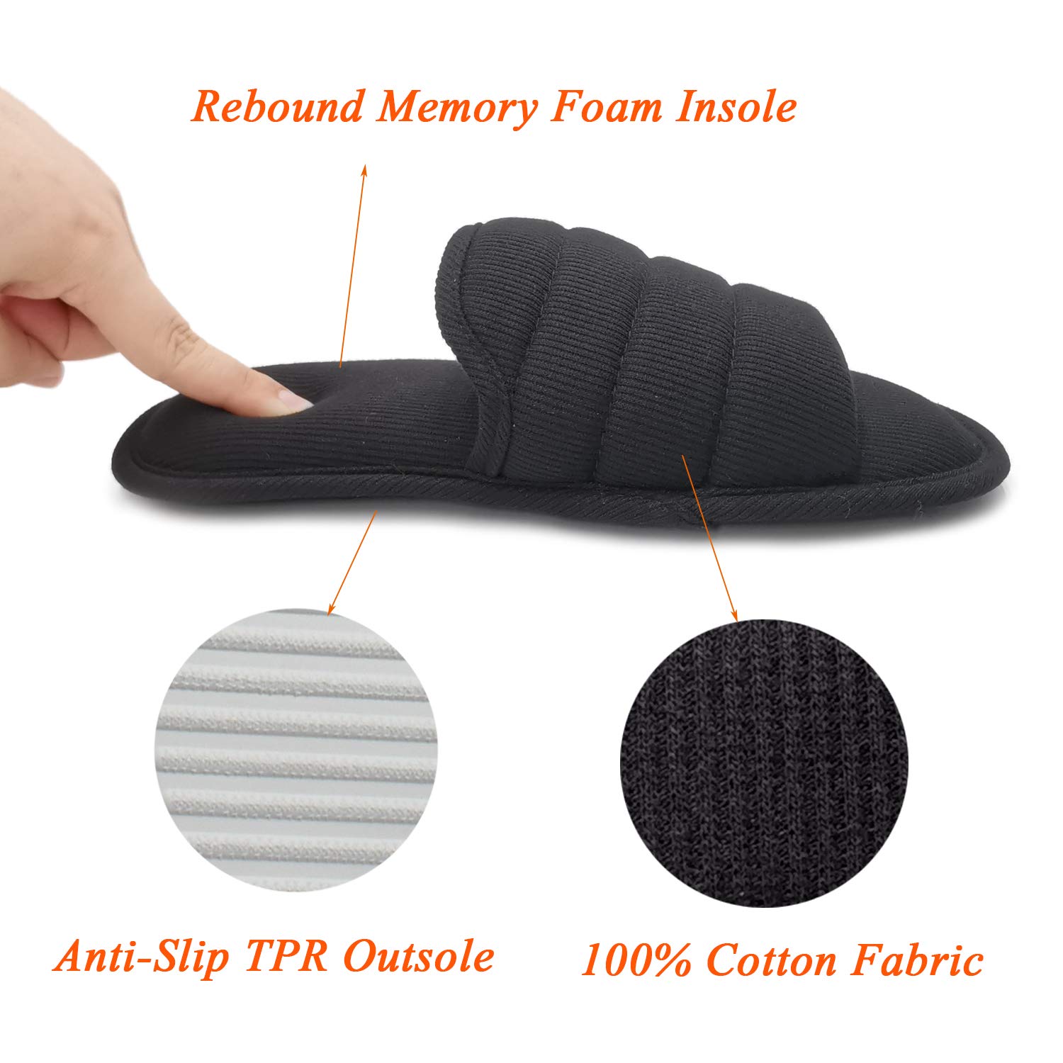 **Oofoot Women's Memory Foam Cotton Summer Slippers - Non-Slip Rubber Sole Indoor Slides, Open Toe Washable House Shoes for Bedroom, Lounge & Spa Comfort**