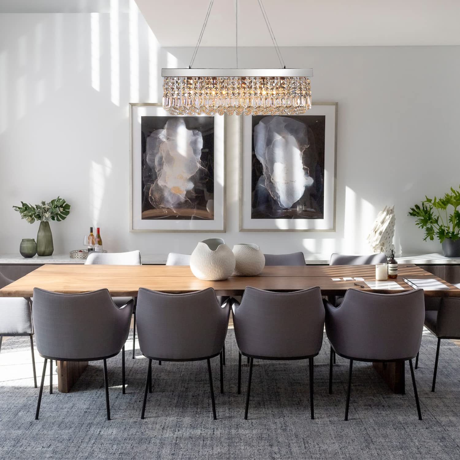 SEFINN FOUR Modern Crystal Chandelier - Adjustable Height 30-Inch Rectangular Pendant Light Fixture for Dining Room, Living Room, Kitchen Island - Easy Installation with Video Guide - Perfect for Home Decor and Ambient Lighting
