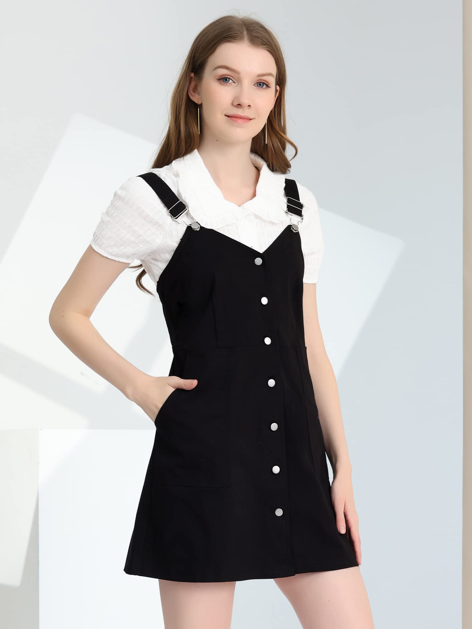 Allegra K Women's Cotton Pinafore Jumper Dress with Adjustable Straps & Pockets | Button Down Denim Overalls for Casual Outings & Workwear