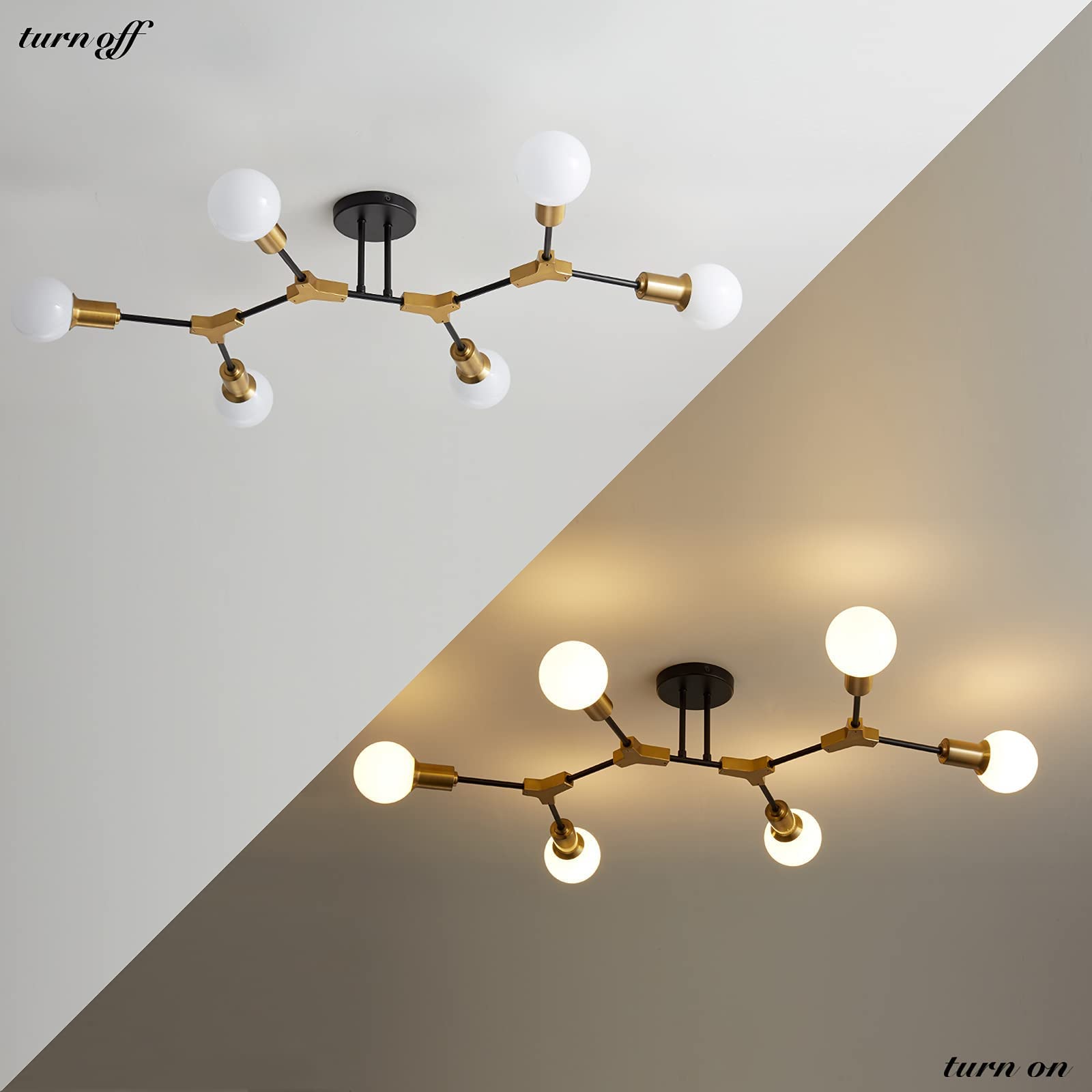 Modern Sputnik Chandelier 6-Light Black and Gold Semi-Flush Mount Ceiling Light Fixture with E26 Socket - Perfect for Bedroom, Living Room, Hallway, Dining Room and Entryway Lighting