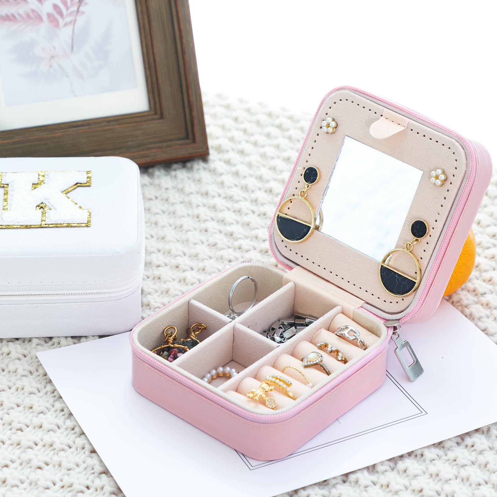 FUNARTY Pink Travel Jewelry Organizer Box with Mirror - Portable Jewelry Case for Necklaces & Earrings - Perfect Gift for Women - Compact Jewelry Storage for Travel, Vacation & Daily Use