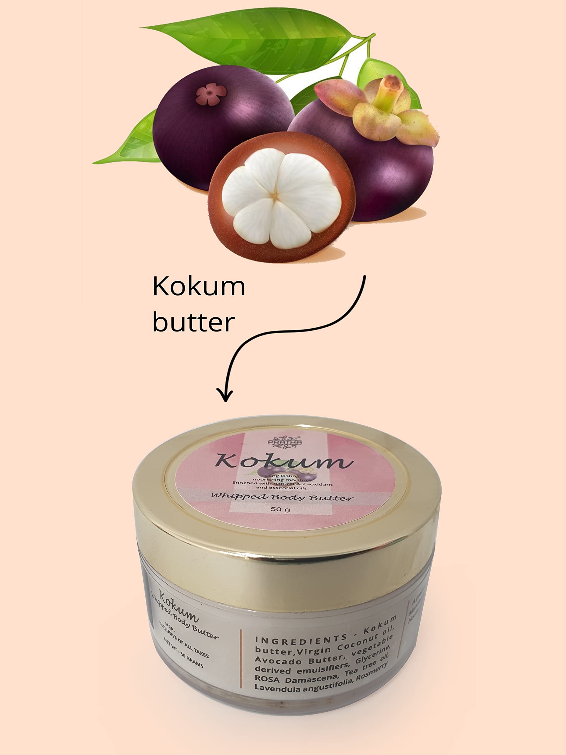 Pratha Naturals Kokum Body Butter Whipped Cream 100Gm - Deep Nourishing & Moisturizing Skin Care with Rich Chocolatey Cocoa for Women - Perfect for Dry Skin & Nighttime Hydration