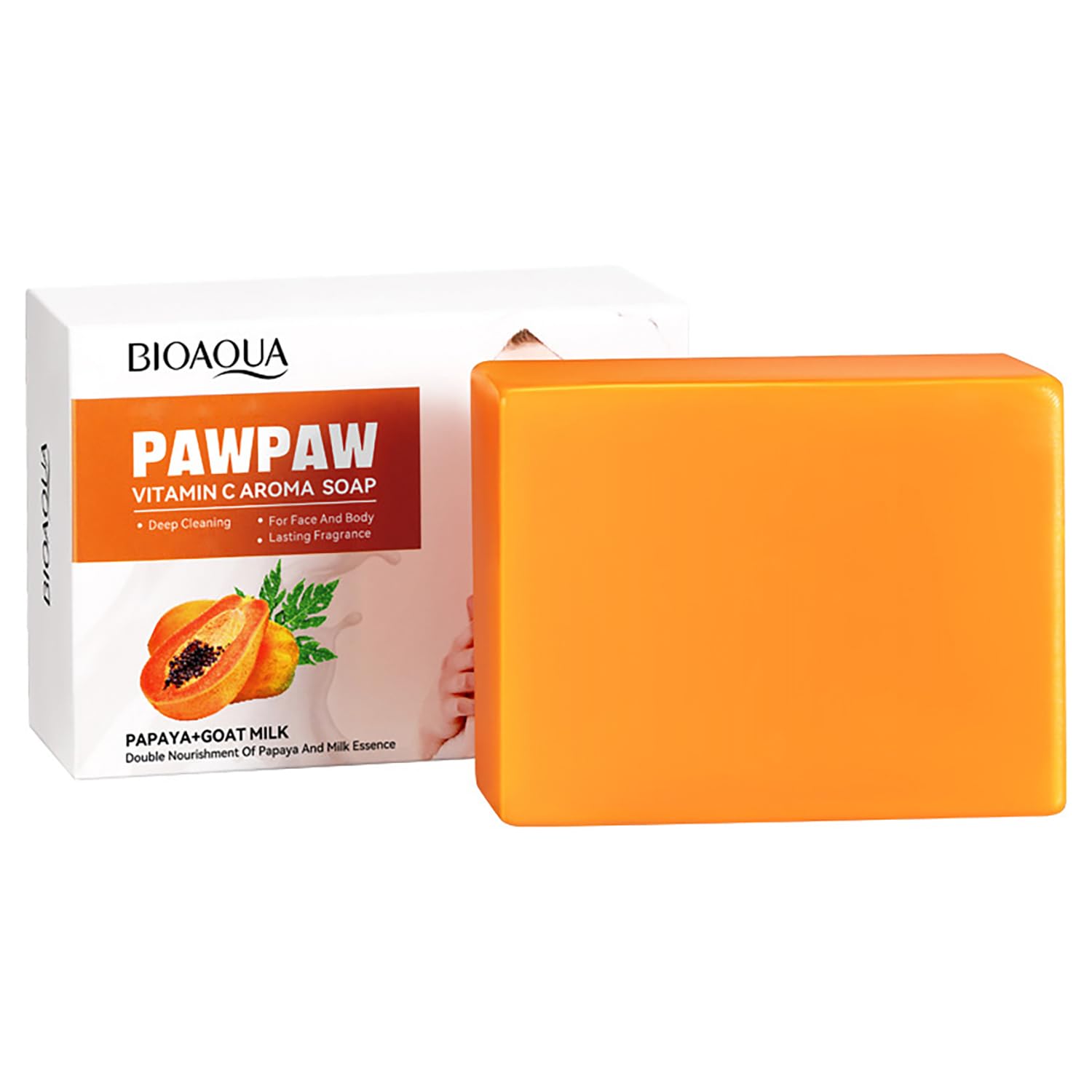 BIOAQUA Vitamin C Papaya Goat Milk Soap - Deep Cleansing Face & Body Bar for Oily Skin, Nourishes & Brightens Skin, 100g/3.5oz - Perfect for Daily Skincare Routine & Acne-Prone Skin