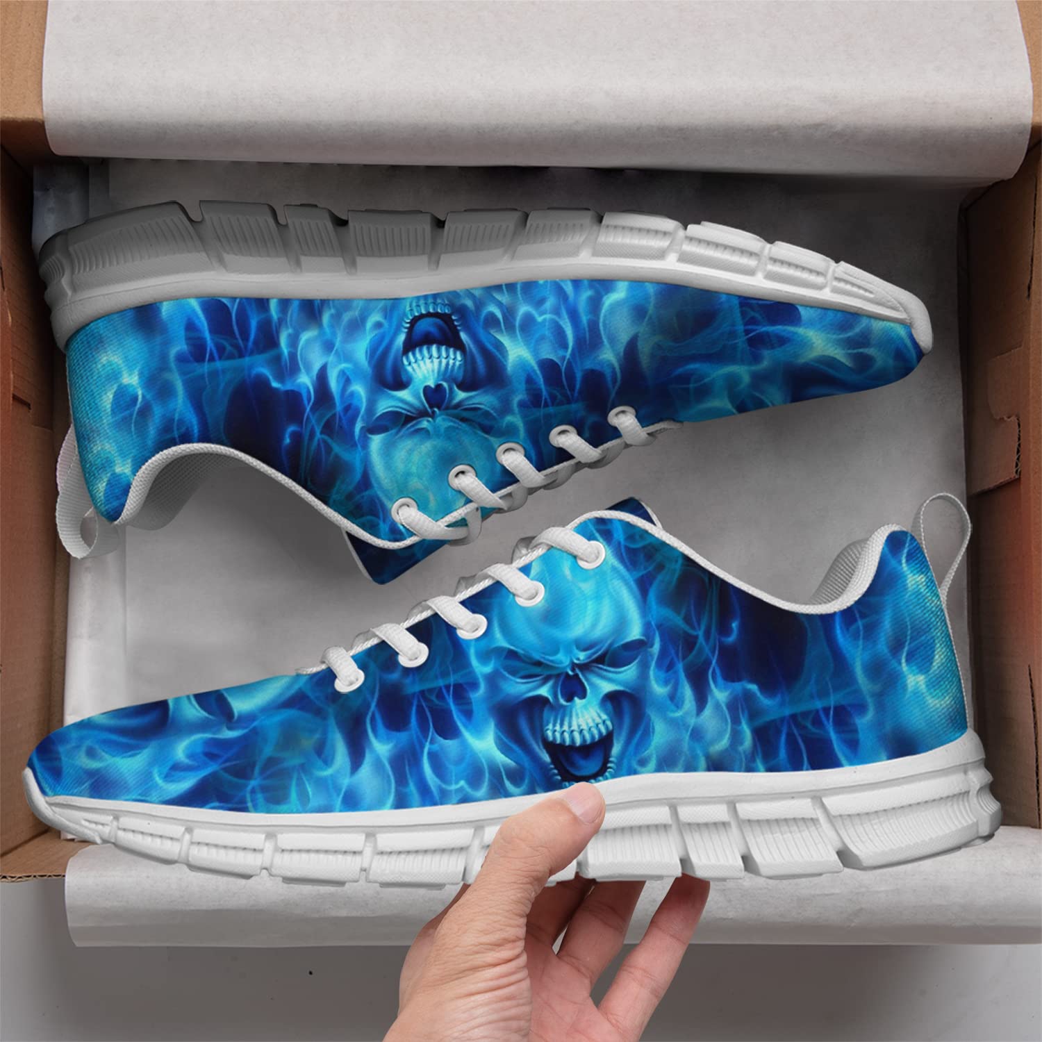 **Blue Skull Sneakers for Men & Women - Running, Tennis, Walking Shoes with Flaming Design - Perfect for Parties & Gifts - Size 10 Women/8.5 Men - Ideal for Casual Wear, Gym & Outdoor Activities**