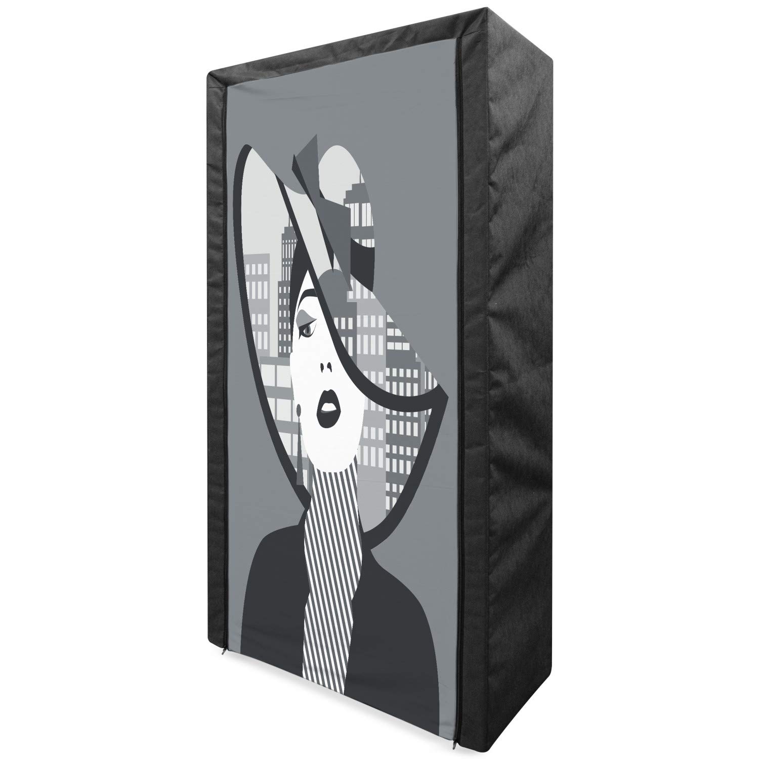 Ambesonne Diva Portable Fabric Wardrobe - Modern Women's Clothing Organizer with Shelves | 33.5 Inch Grey Storage Closet for Bedroom, Closet & Dorm Organization | Fashion Hat Portrait Design